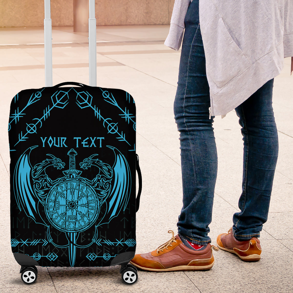 Personalized Viking Dragon Luggage Cover with Sword Blue Scandinavian Tattoo