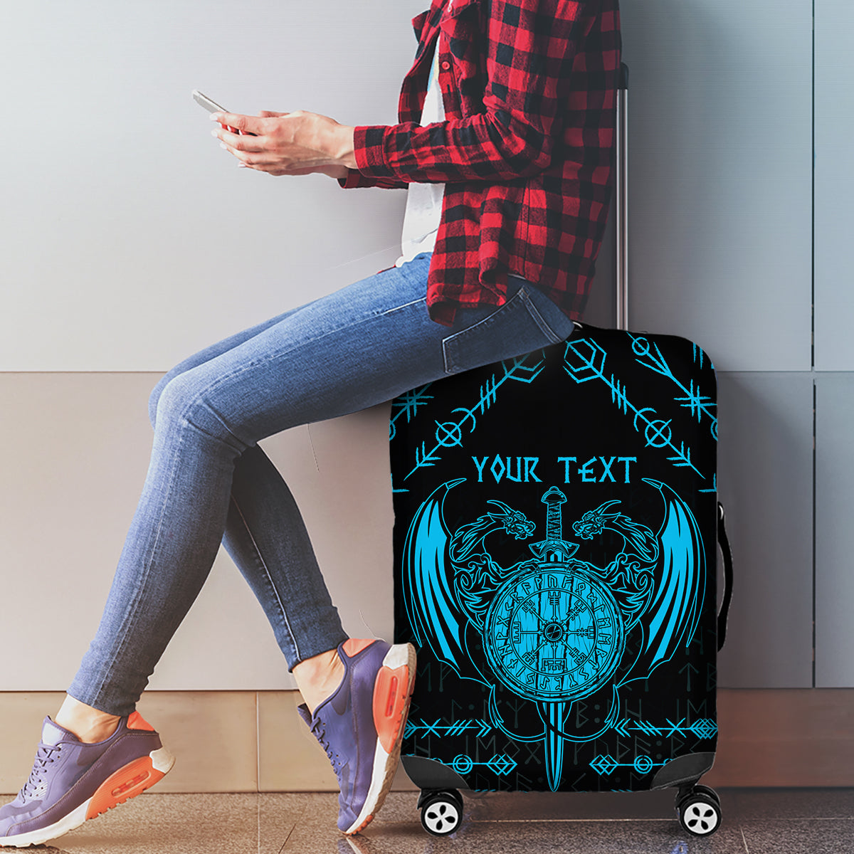 Personalized Viking Dragon Luggage Cover with Sword Blue Scandinavian Tattoo - Wonder Print Shop
