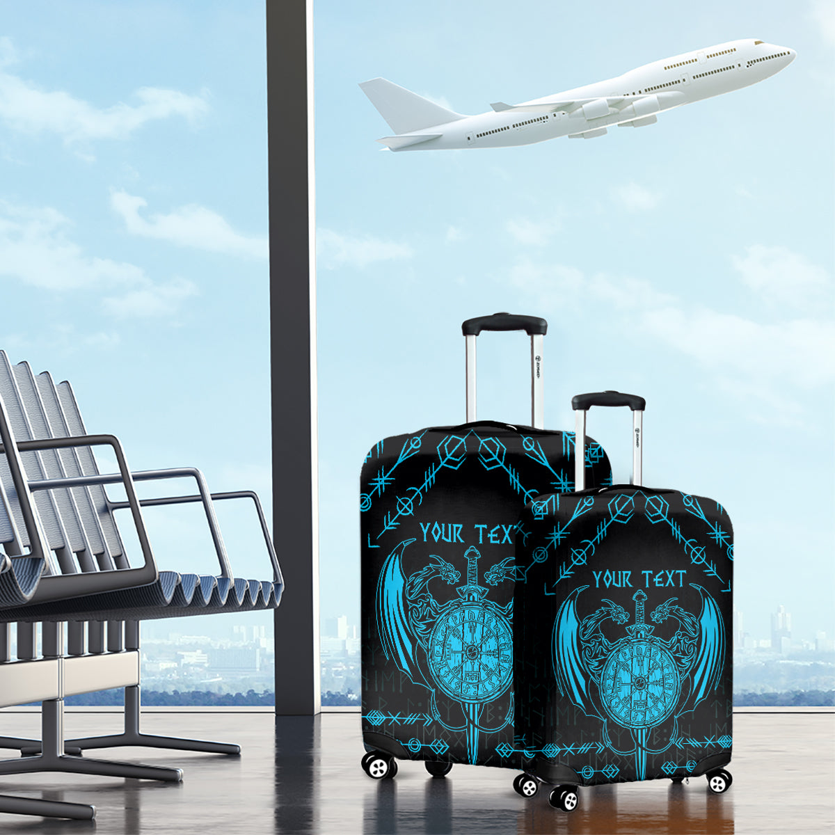 Personalized Viking Dragon Luggage Cover with Sword Blue Scandinavian Tattoo - Wonder Print Shop
