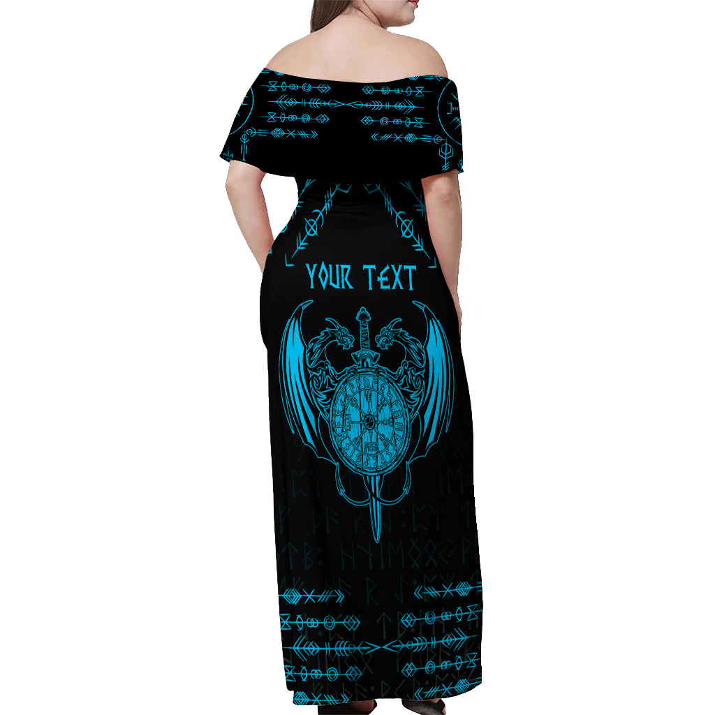Personalized Viking Dragon Off Shoulder Maxi Dress with Sword Blue Scandinavian Tattoo - Wonder Print Shop