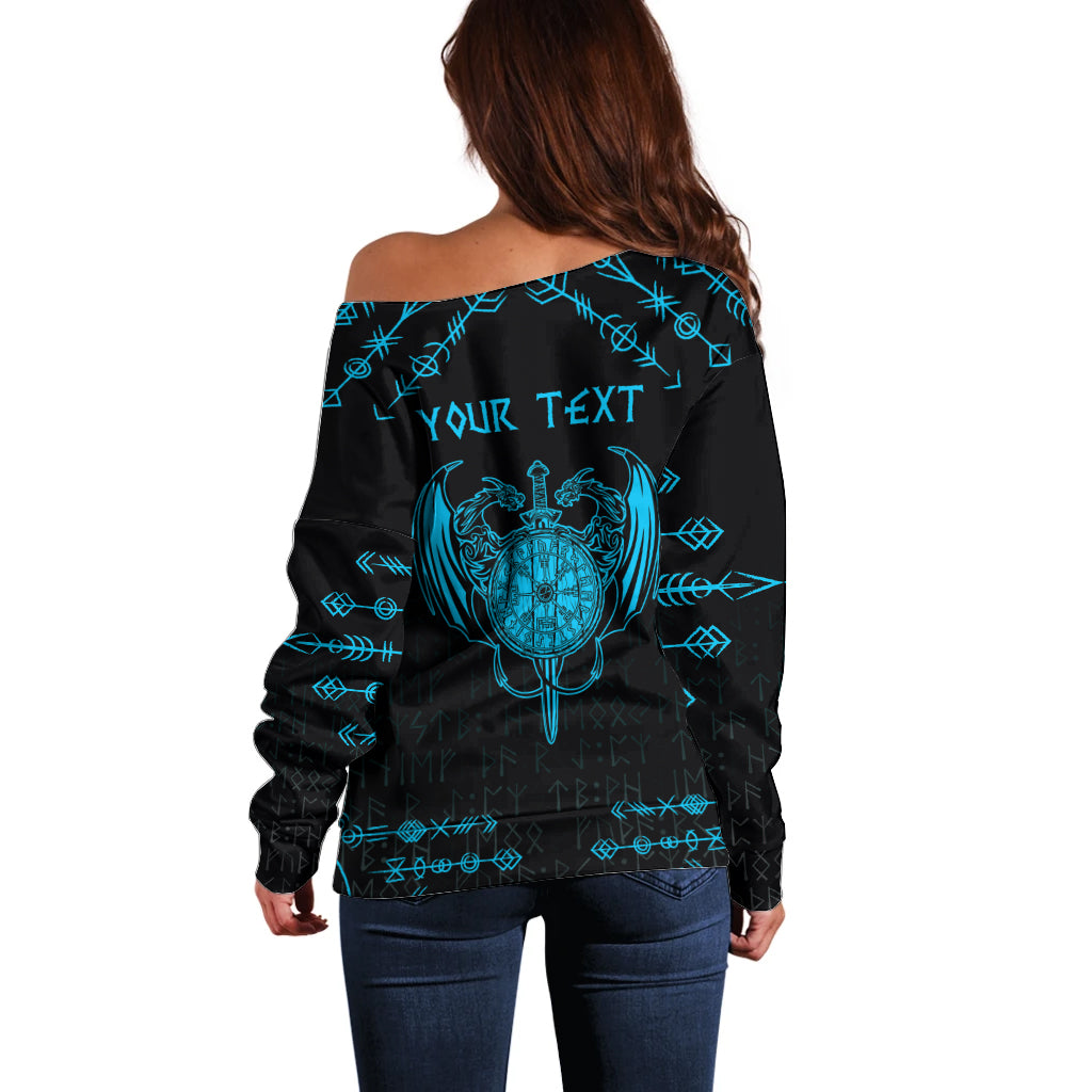 Personalized Viking Dragon Off Shoulder Sweater with Sword Blue Scandinavian Tattoo - Wonder Print Shop