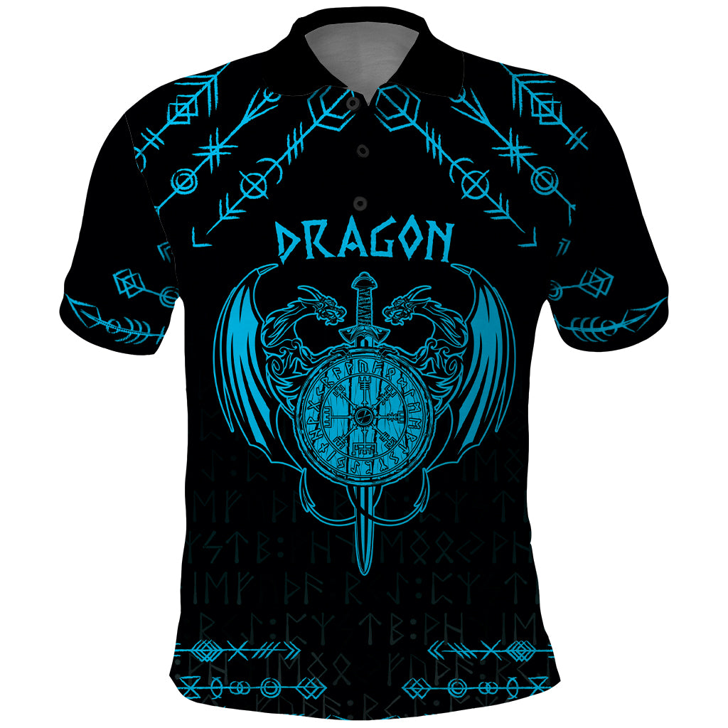 Personalized Viking Dragon Polo Shirt with Sword Blue Scandinavian Tattoo