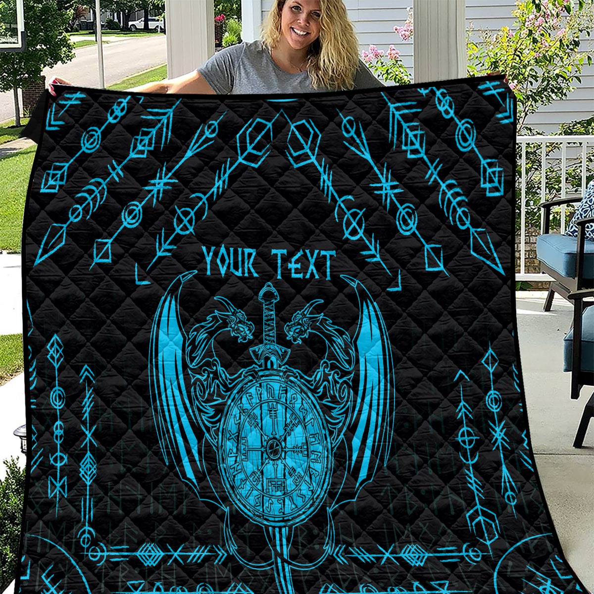 Personalized Viking Dragon Quilt with Sword Blue Scandinavian Tattoo - Wonder Print Shop