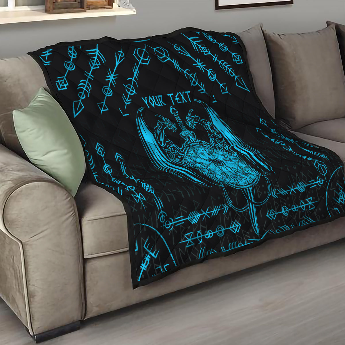 Personalized Viking Dragon Quilt with Sword Blue Scandinavian Tattoo - Wonder Print Shop