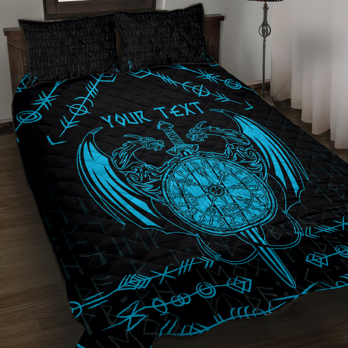 Personalized Viking Dragon Quilt Bed Set with Sword Blue Scandinavian Tattoo - Wonder Print Shop