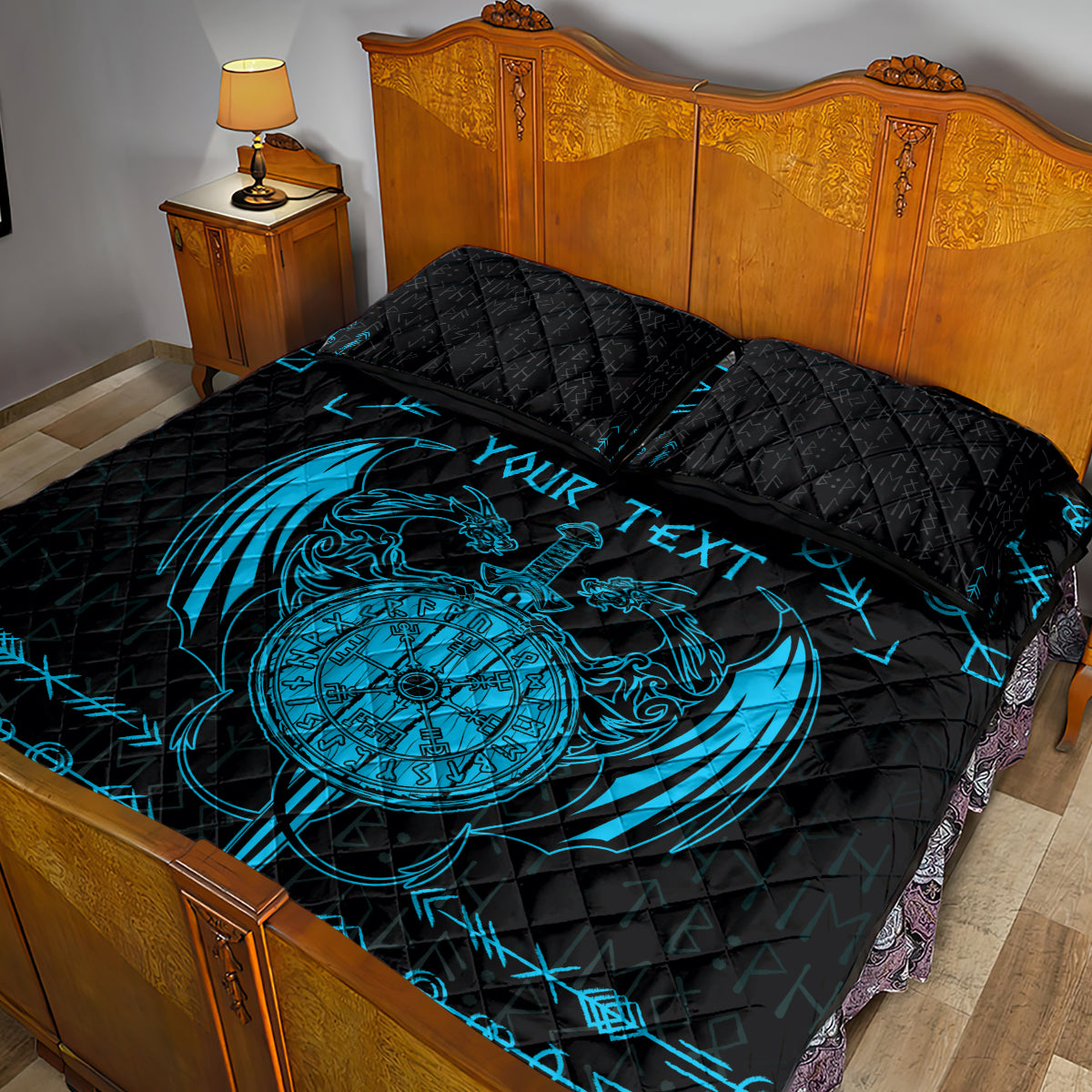 Personalized Viking Dragon Quilt Bed Set with Sword Blue Scandinavian Tattoo - Wonder Print Shop
