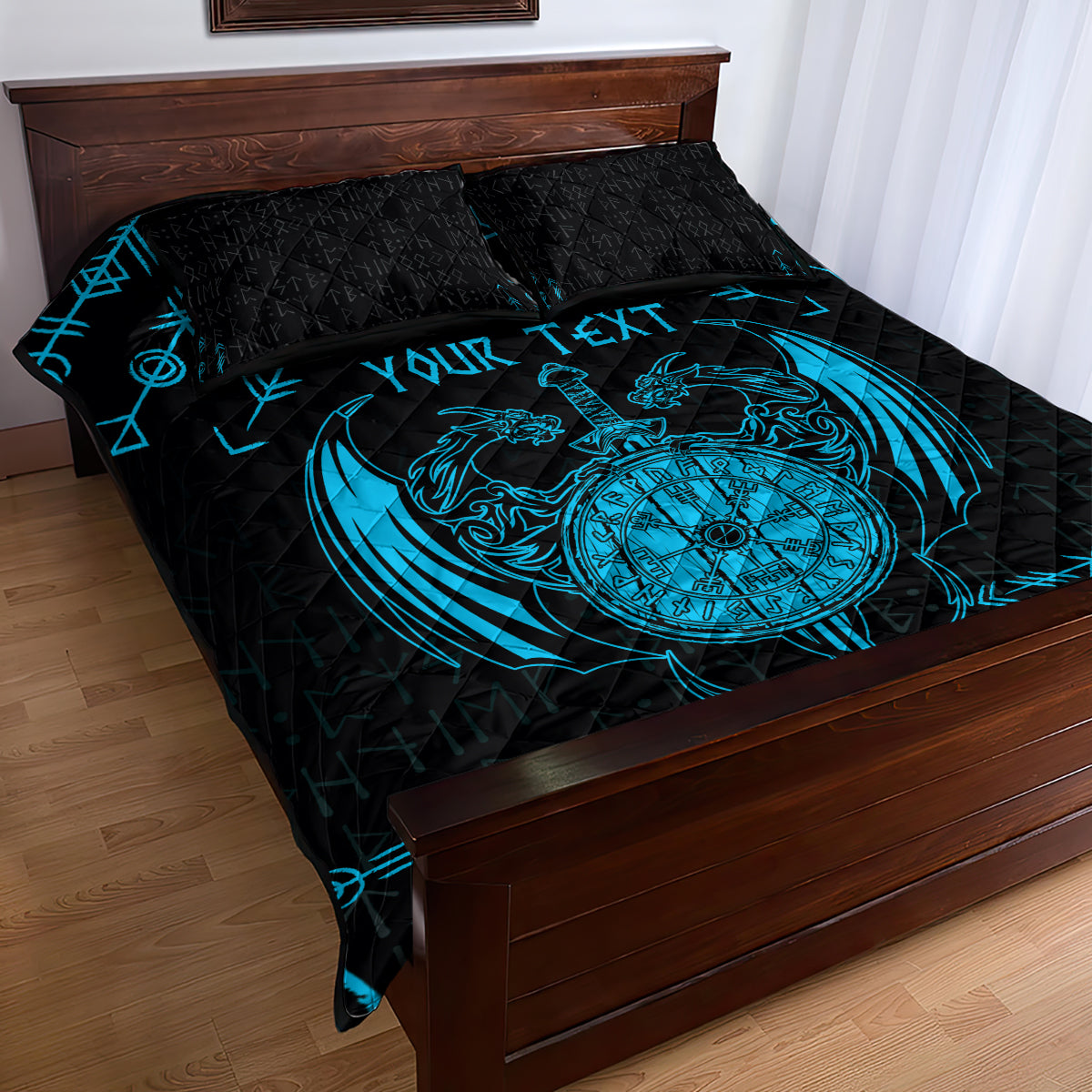 Personalized Viking Dragon Quilt Bed Set with Sword Blue Scandinavian Tattoo - Wonder Print Shop