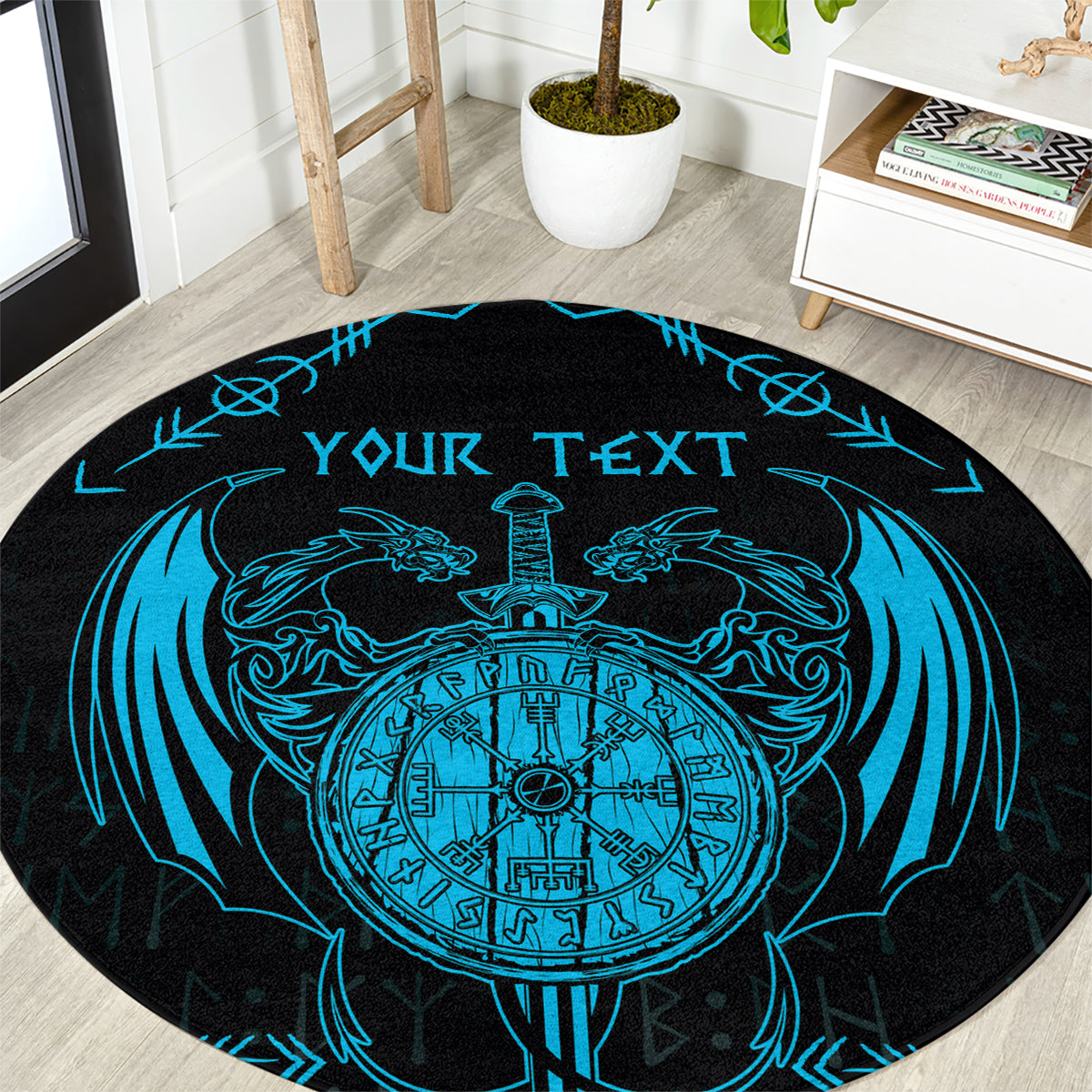 Personalized Viking Dragon Round Carpet with Sword Blue Scandinavian Tattoo