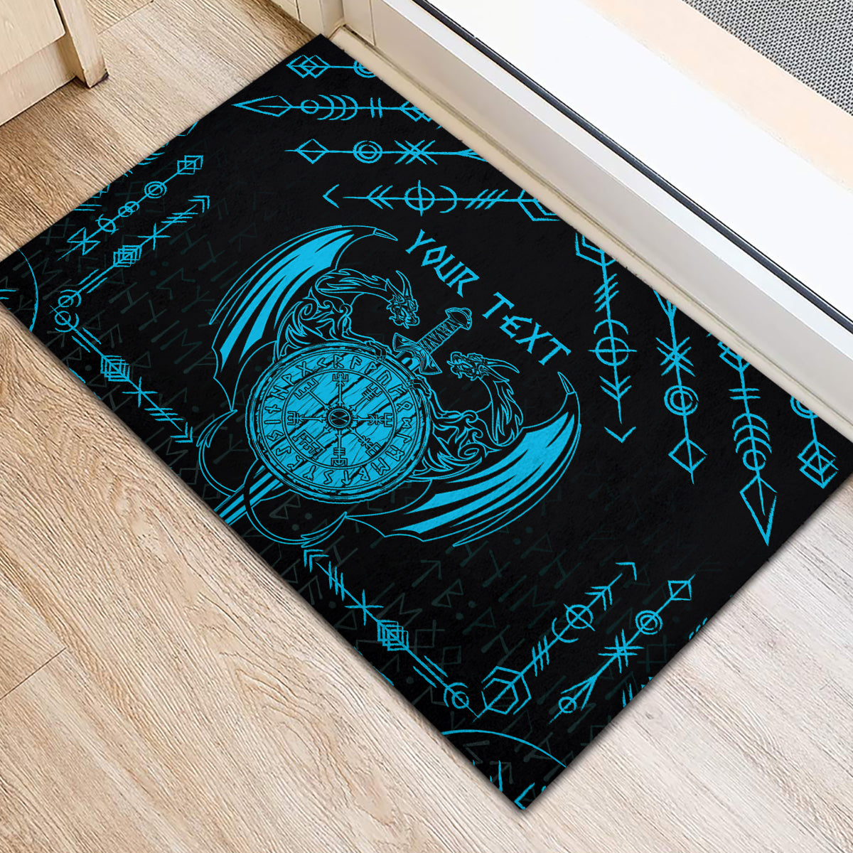 Personalized Viking Dragon Rubber Doormat with Sword Blue Scandinavian Tattoo - Wonder Print Shop