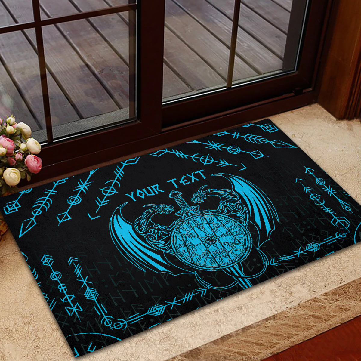 Personalized Viking Dragon Rubber Doormat with Sword Blue Scandinavian Tattoo - Wonder Print Shop