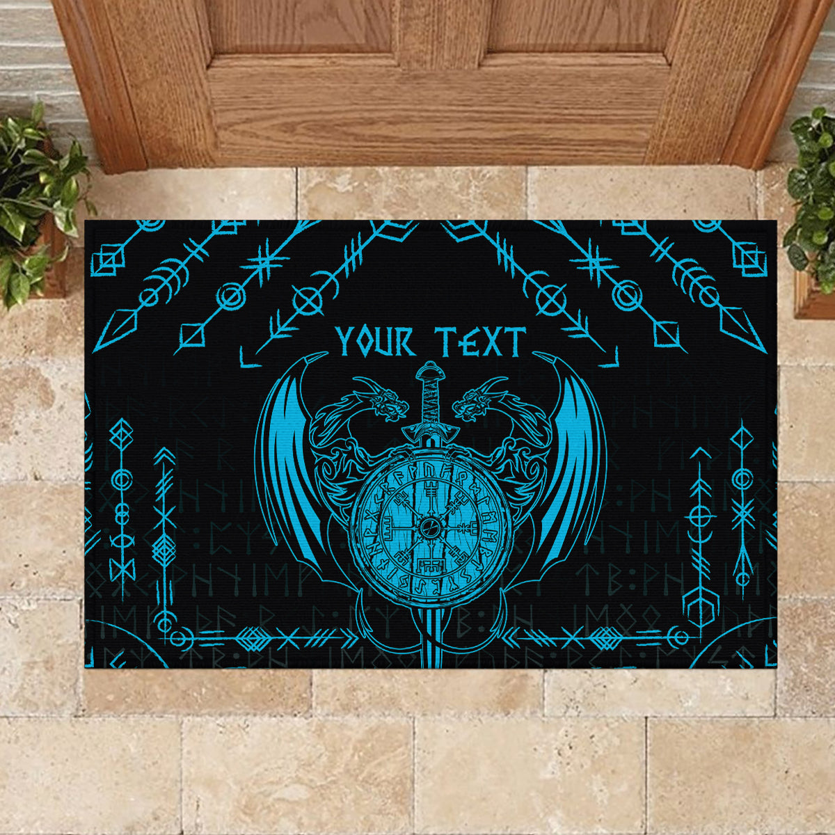 Personalized Viking Dragon Rubber Doormat with Sword Blue Scandinavian Tattoo - Wonder Print Shop