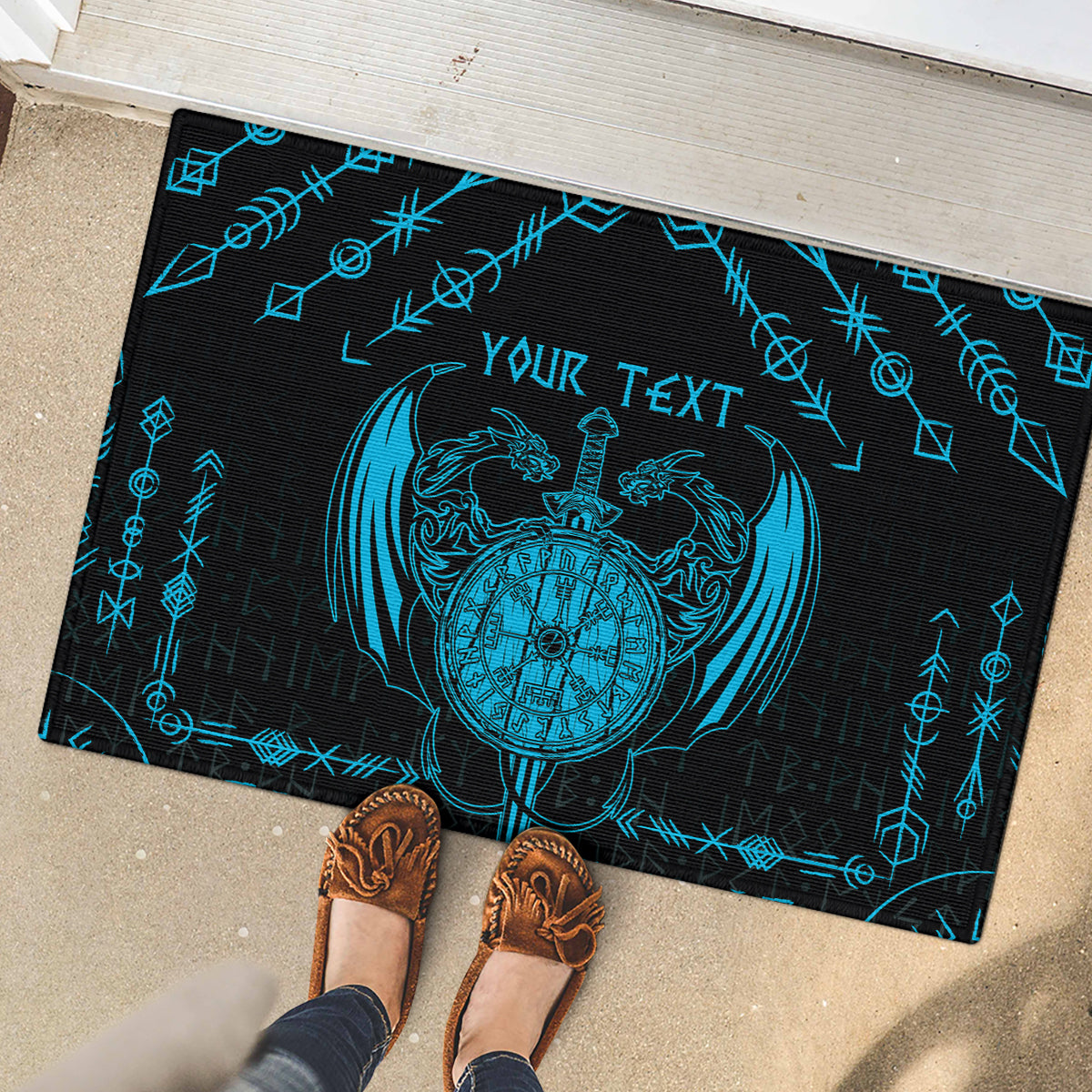 Personalized Viking Dragon Rubber Doormat with Sword Blue Scandinavian Tattoo - Wonder Print Shop