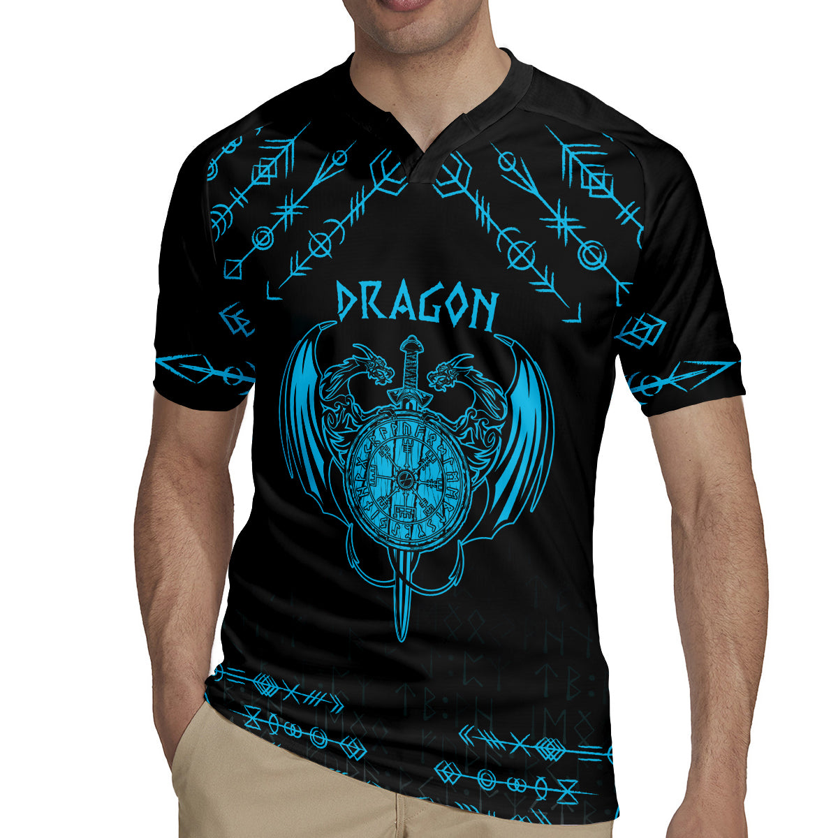Personalized Viking Dragon Rugby Jersey with Sword Blue Scandinavian Tattoo - Wonder Print Shop
