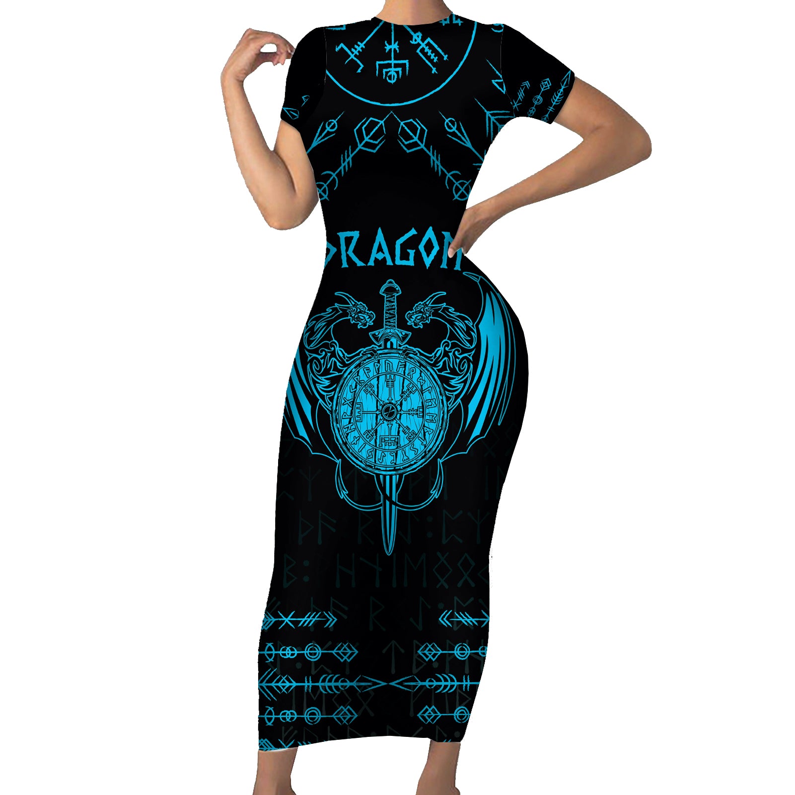 Personalized Viking Dragon Short Sleeve Bodycon Dress with Sword Blue Scandinavian Tattoo - Wonder Print Shop