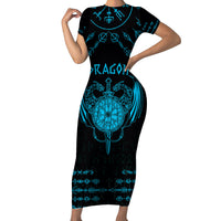 Personalized Viking Dragon Short Sleeve Bodycon Dress with Sword Blue Scandinavian Tattoo - Wonder Print Shop