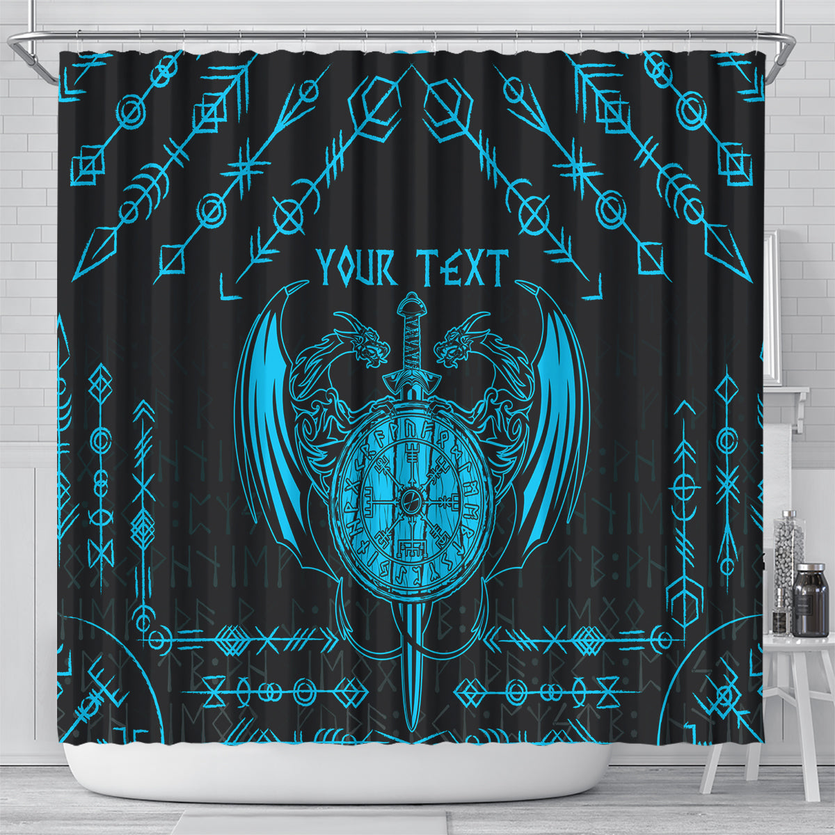 Personalized Viking Dragon Shower Curtain with Sword Blue Scandinavian Tattoo