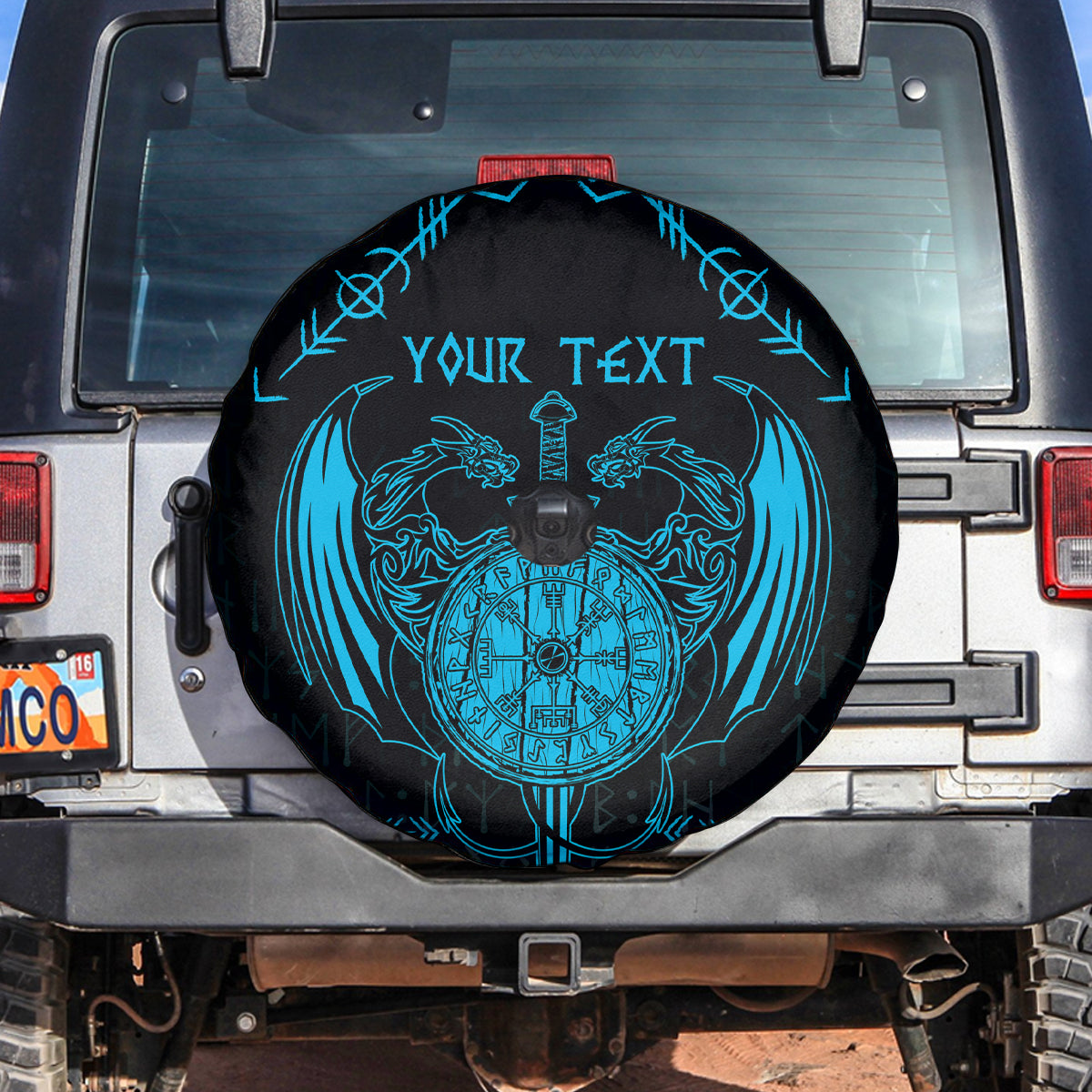Personalized Viking Dragon Spare Tire Cover with Sword Blue Scandinavian Tattoo - Wonder Print Shop