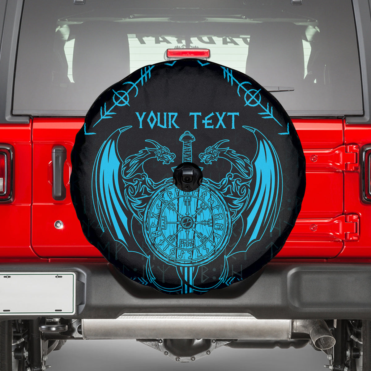 Personalized Viking Dragon Spare Tire Cover with Sword Blue Scandinavian Tattoo - Wonder Print Shop
