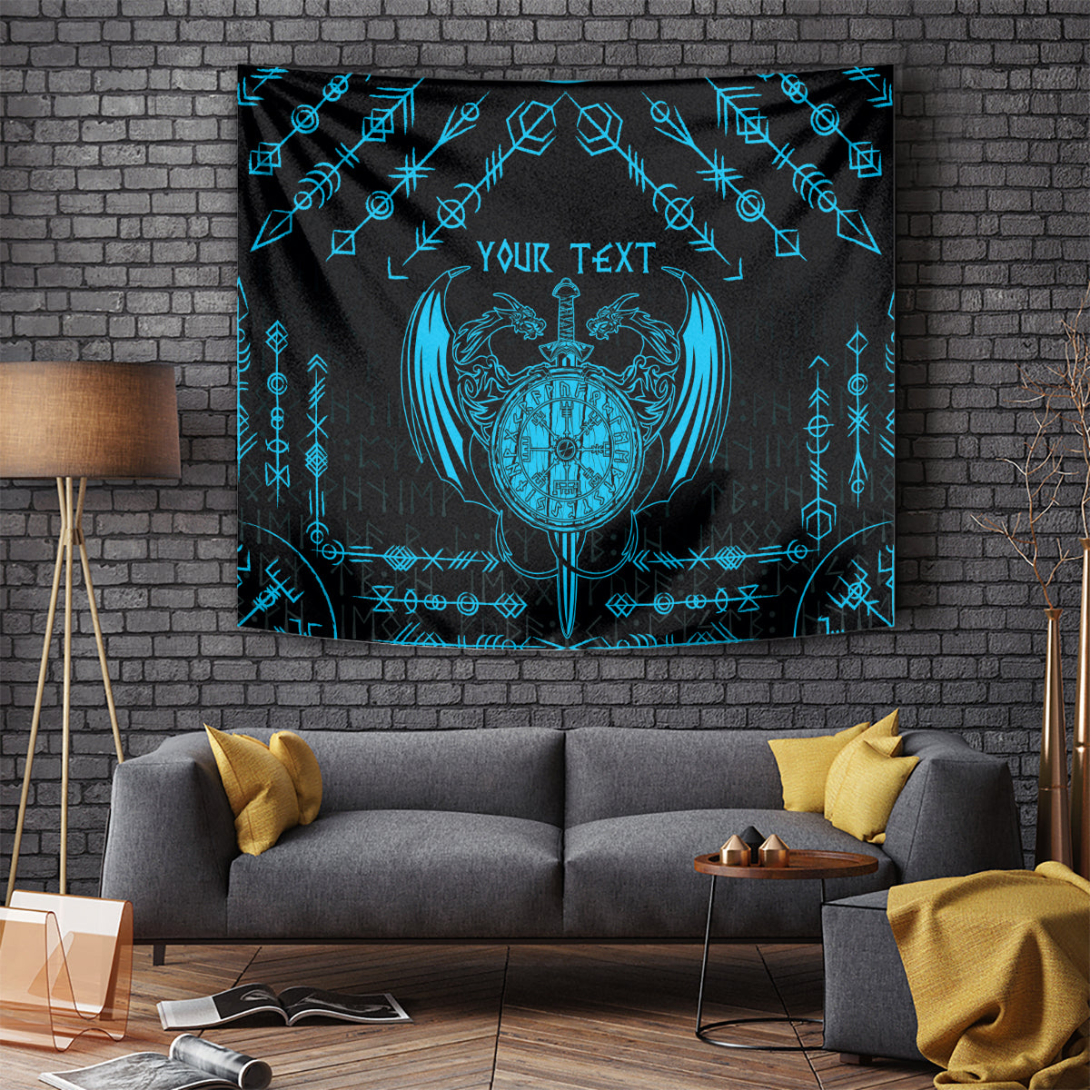 Personalized Viking Dragon Tapestry with Sword Blue Scandinavian Tattoo - Wonder Print Shop