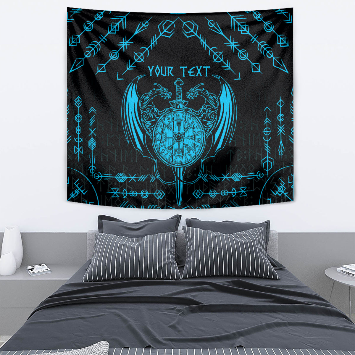 Personalized Viking Dragon Tapestry with Sword Blue Scandinavian Tattoo - Wonder Print Shop
