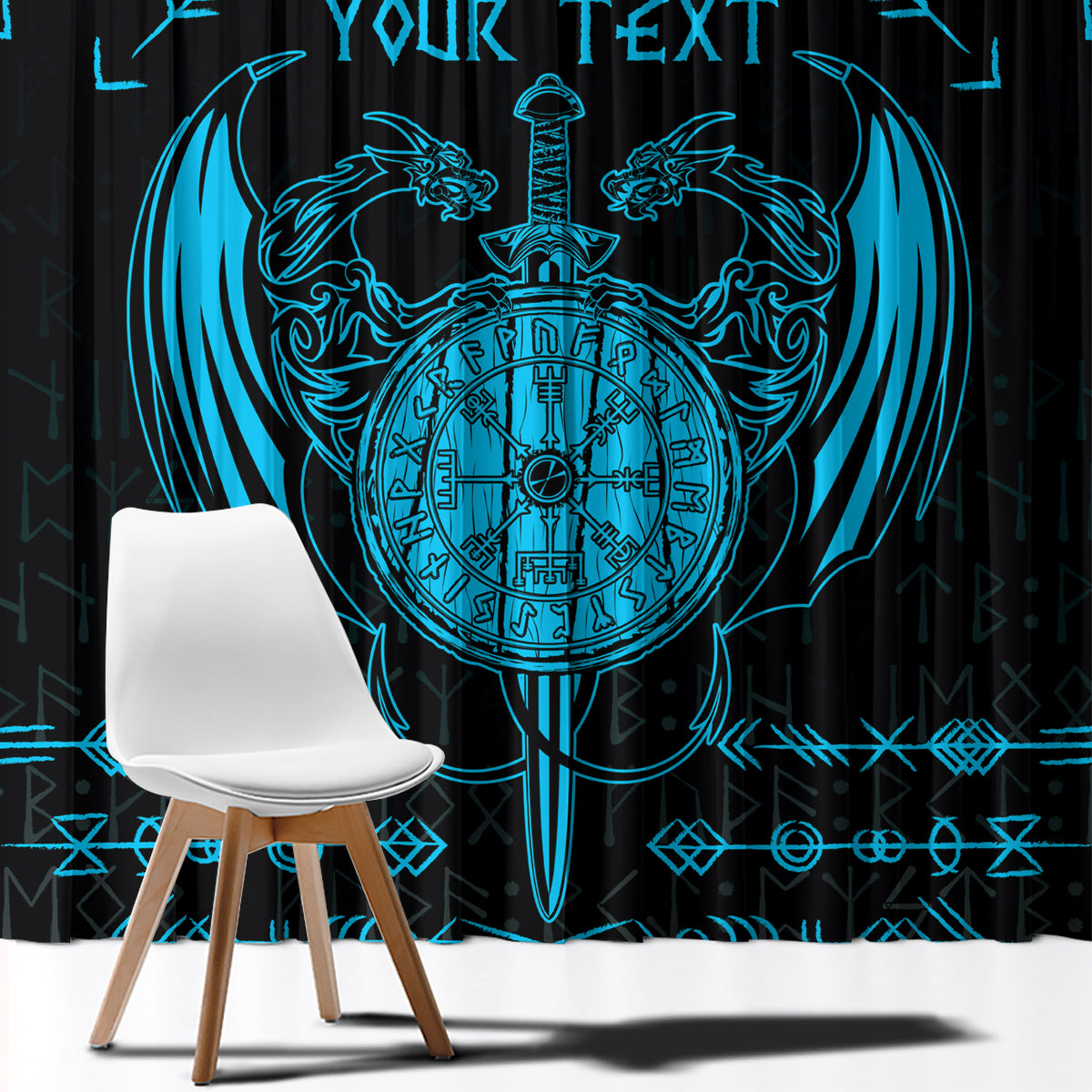 Personalized Viking Dragon Window Curtain with Sword Blue Scandinavian Tattoo - Wonder Print Shop