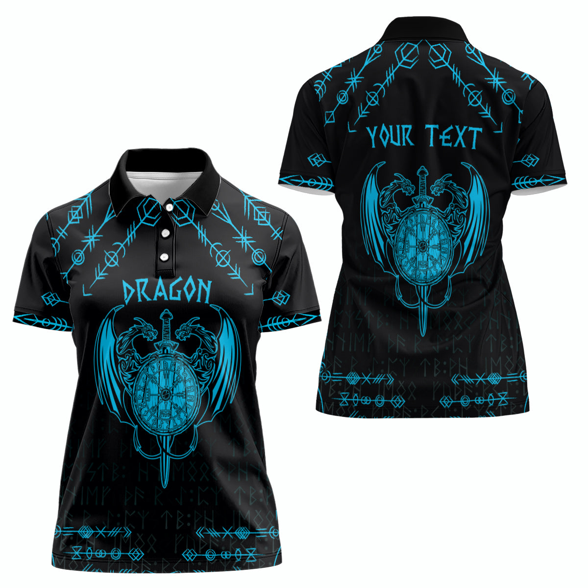 Personalized Viking Dragon Women Polo Shirt with Sword Blue Scandinavian Tattoo - Wonder Print Shop