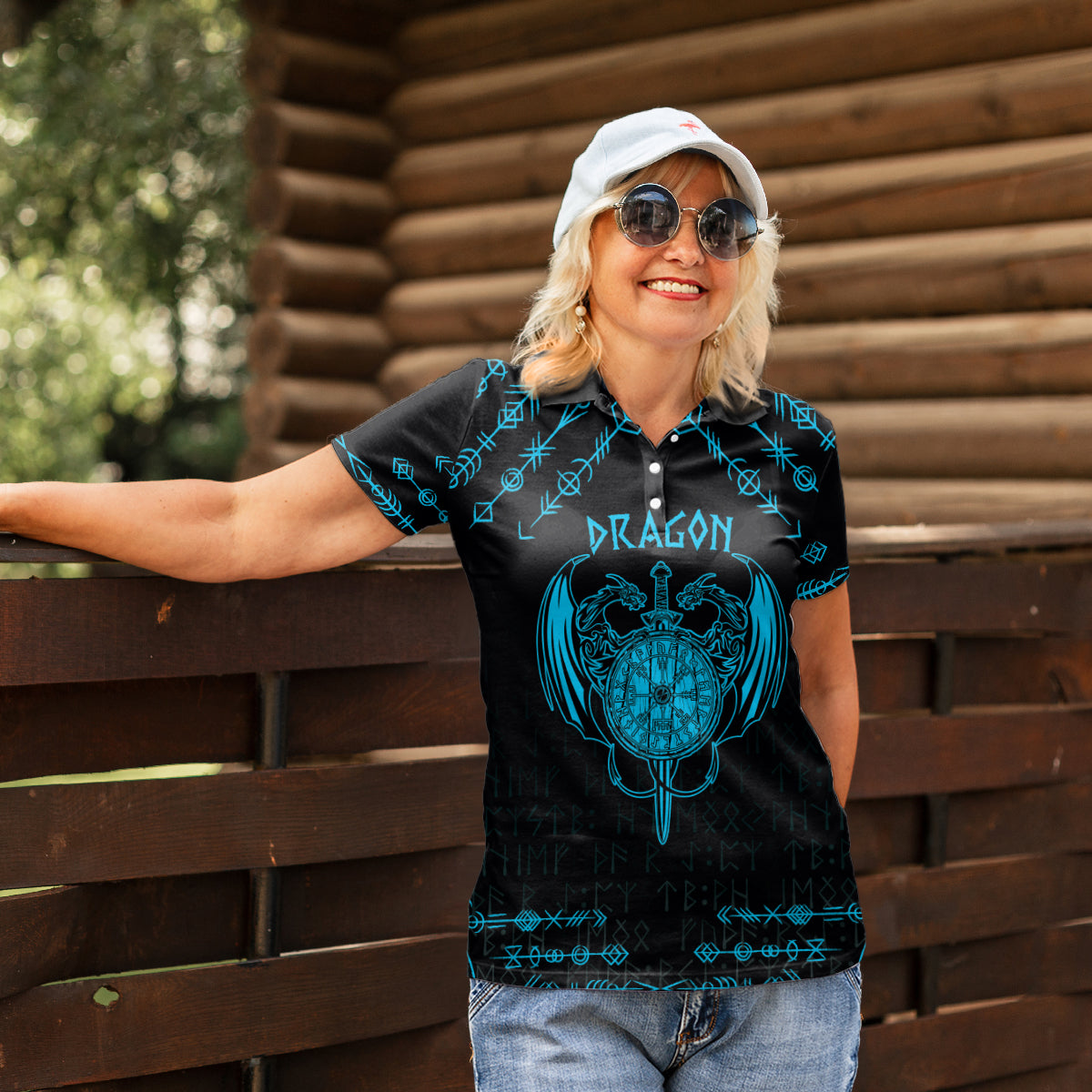 Personalized Viking Dragon Women Polo Shirt with Sword Blue Scandinavian Tattoo - Wonder Print Shop