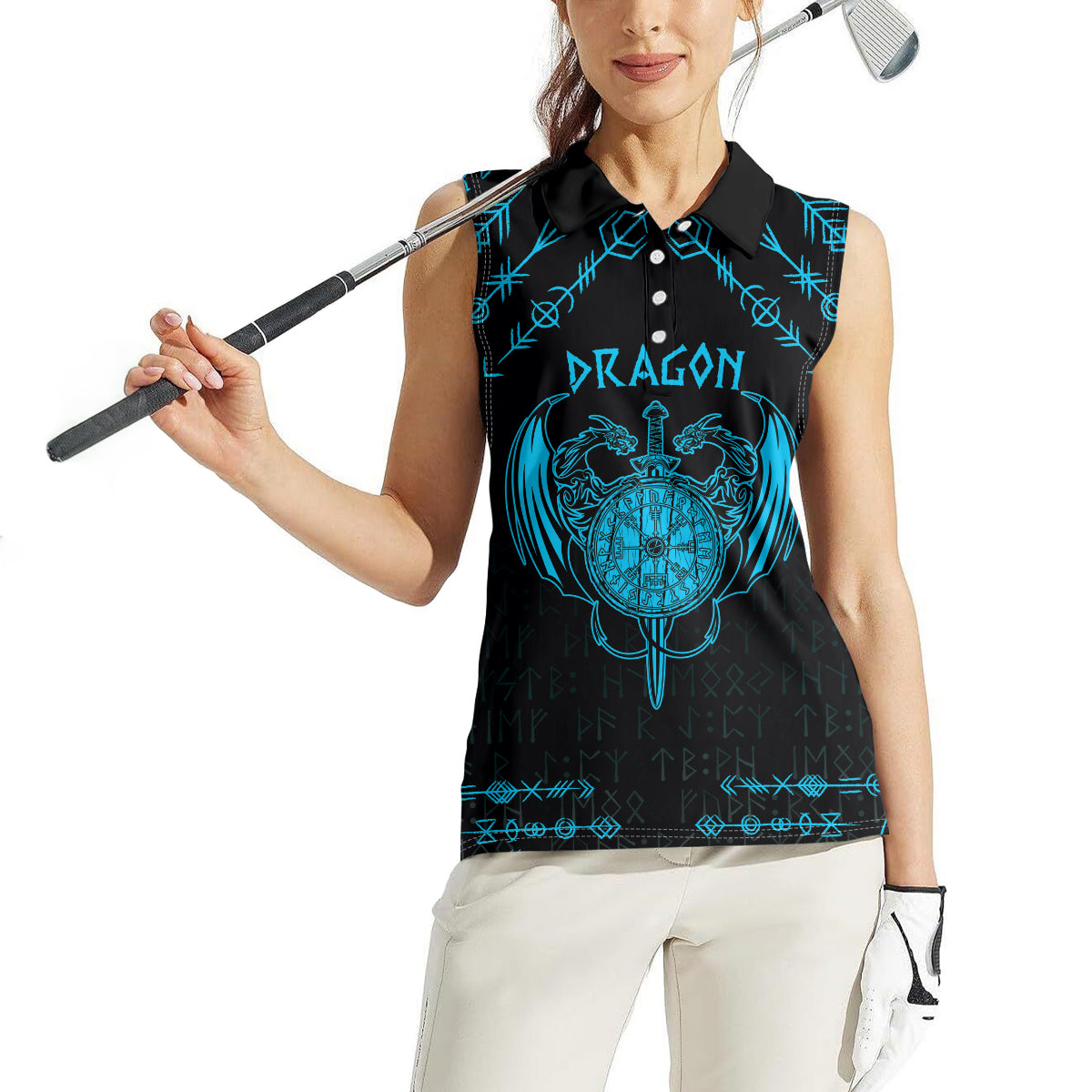 Personalized Viking Dragon Women Sleeveless Polo Shirt with Sword Blue Scandinavian Tattoo - Wonder Print Shop