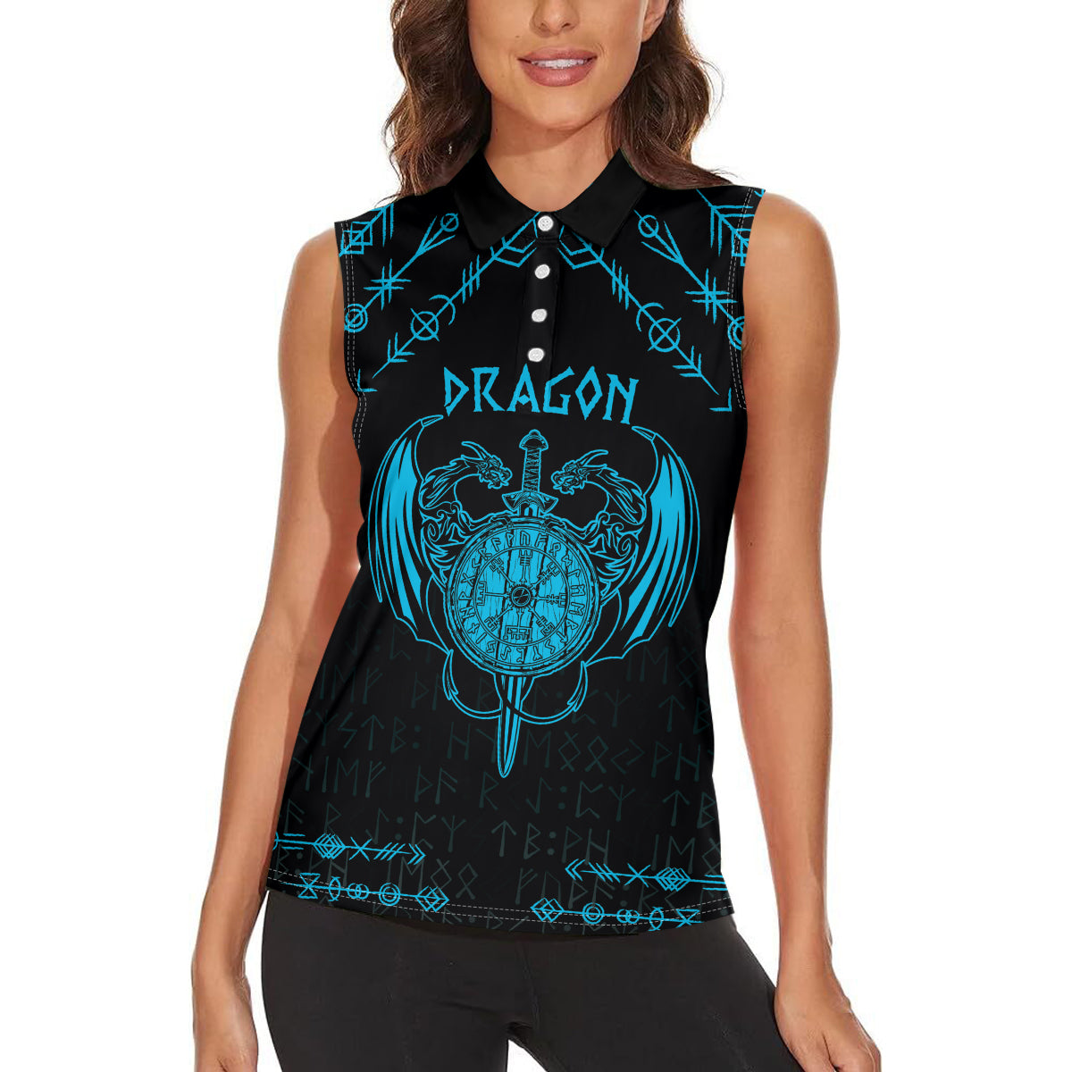 Personalized Viking Dragon Women Sleeveless Polo Shirt with Sword Blue Scandinavian Tattoo - Wonder Print Shop