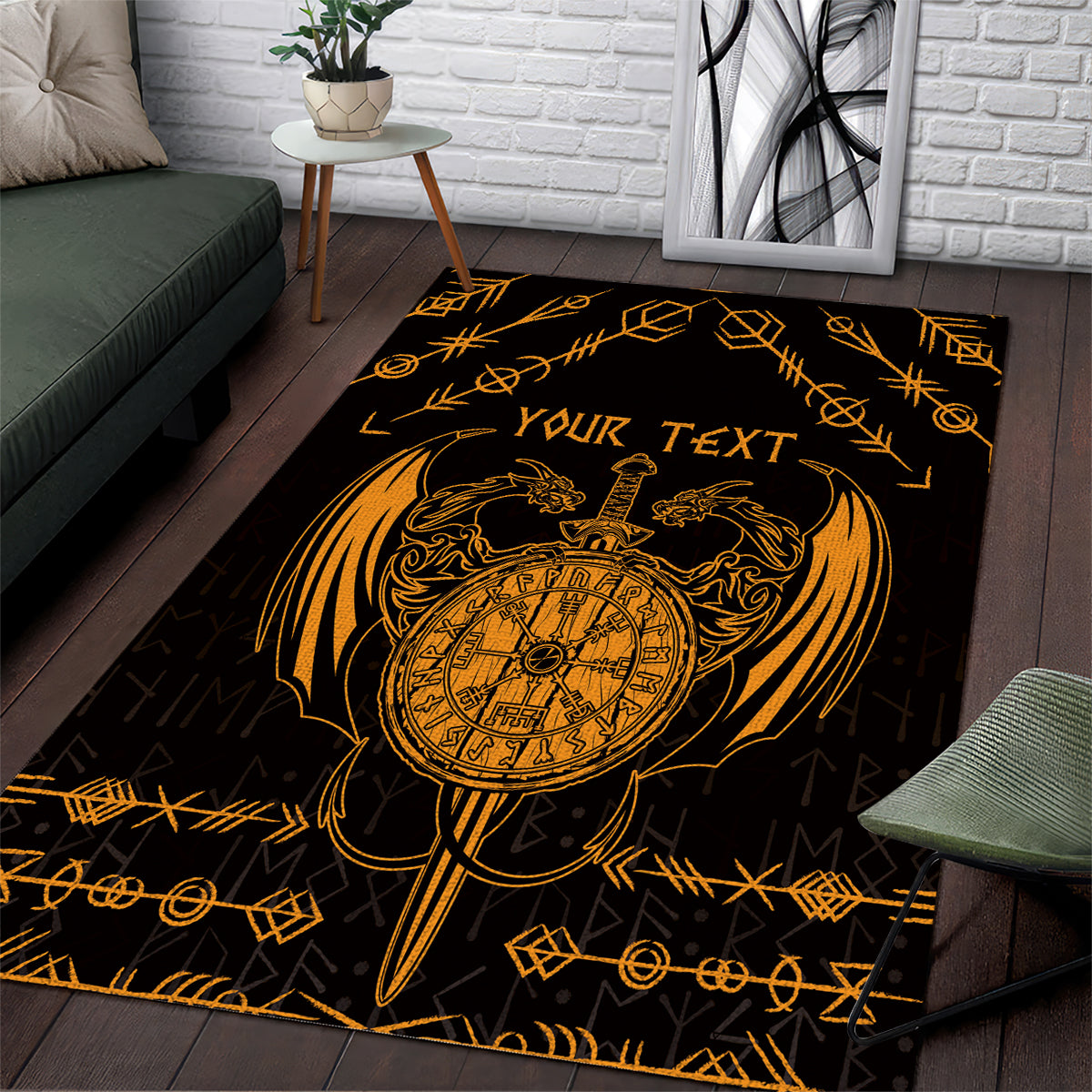 Personalized Viking Dragon Area Rug with Sword Gold Scandinavian Tattoo