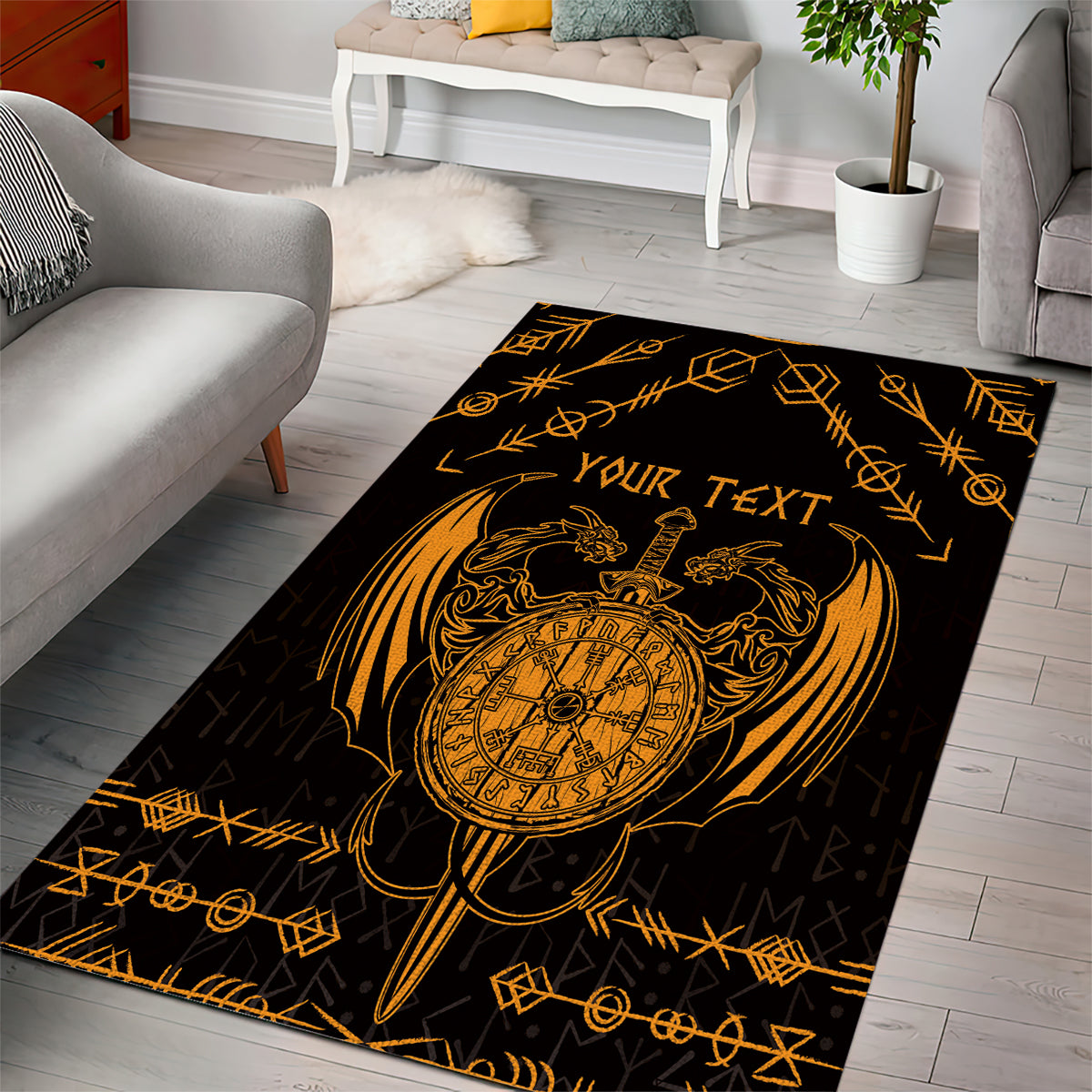 Personalized Viking Dragon Area Rug with Sword Gold Scandinavian Tattoo LT9 - Wonder Print Shop