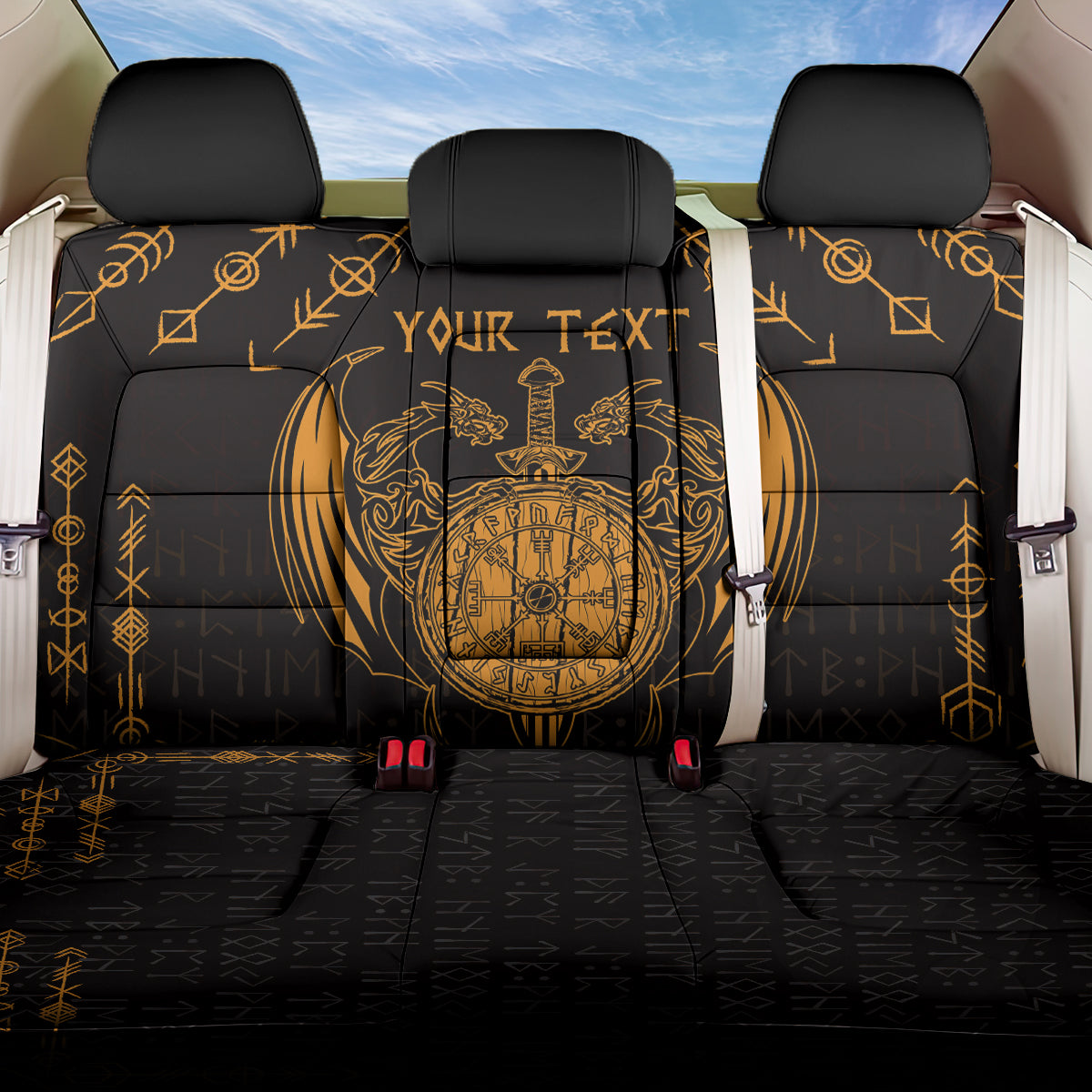 Personalized Viking Dragon Back Car Seat Cover with Sword Gold Scandinavian Tattoo