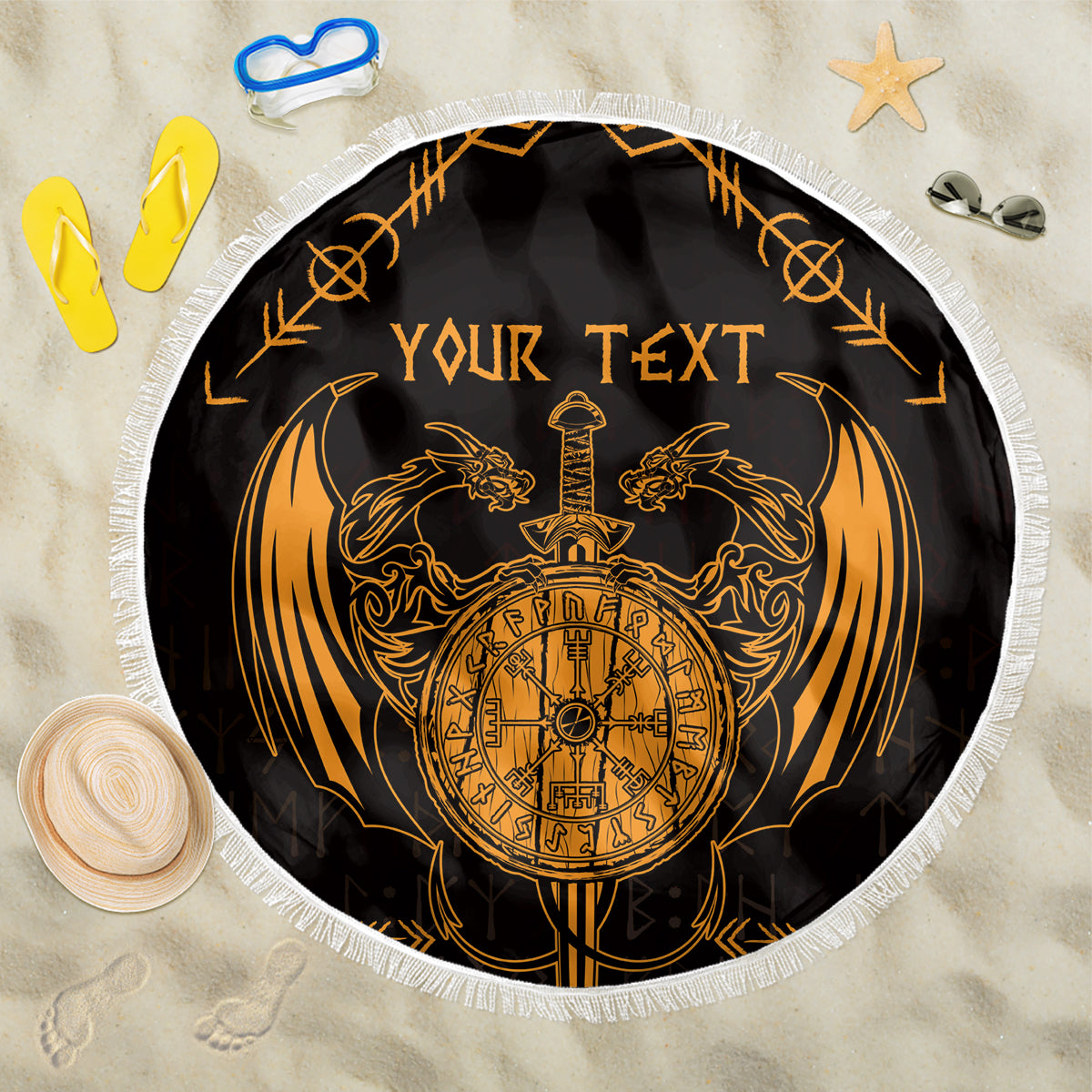 Personalized Viking Dragon Beach Blanket with Sword Gold Scandinavian Tattoo