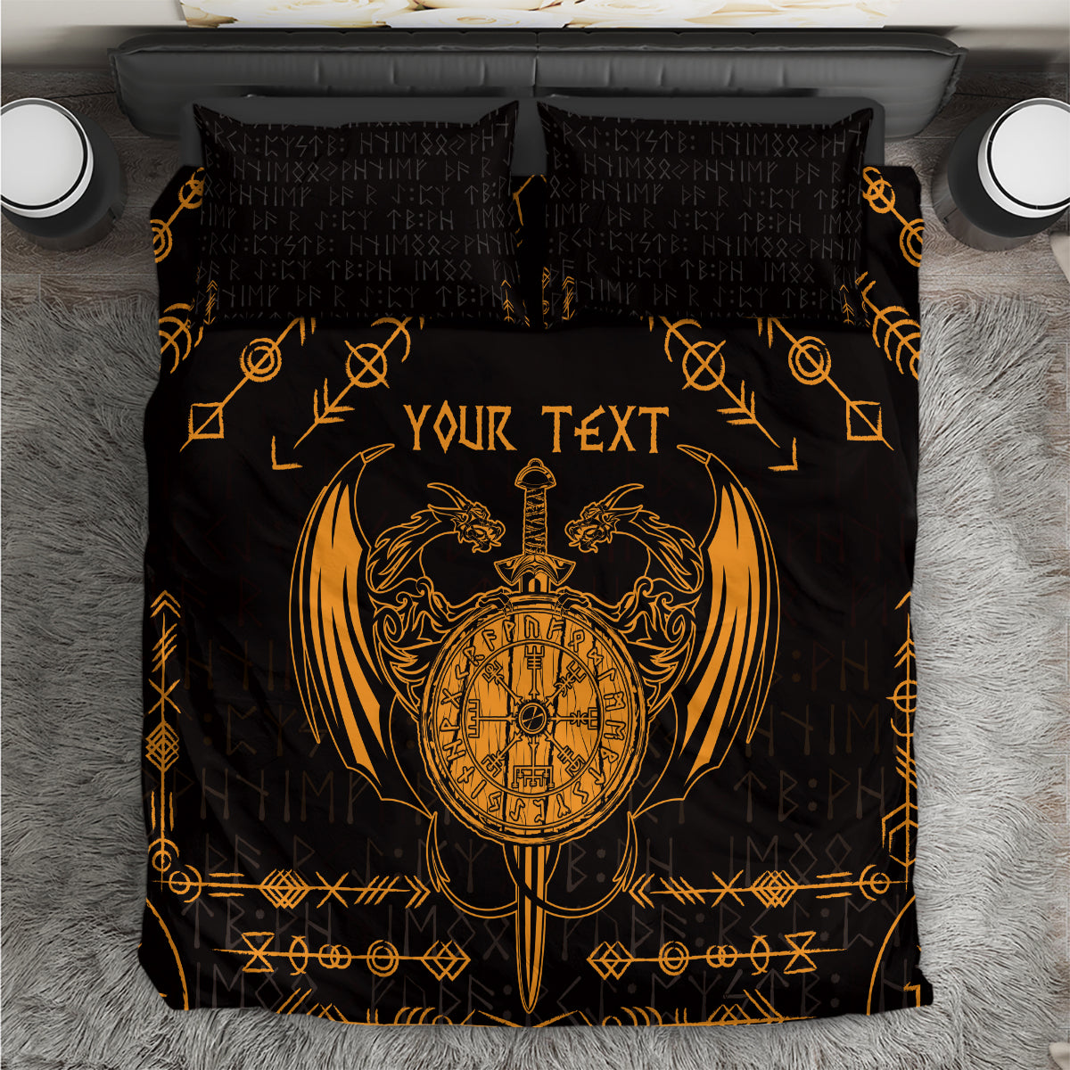 Personalized Viking Dragon Bedding Set with Sword Gold Scandinavian Tattoo