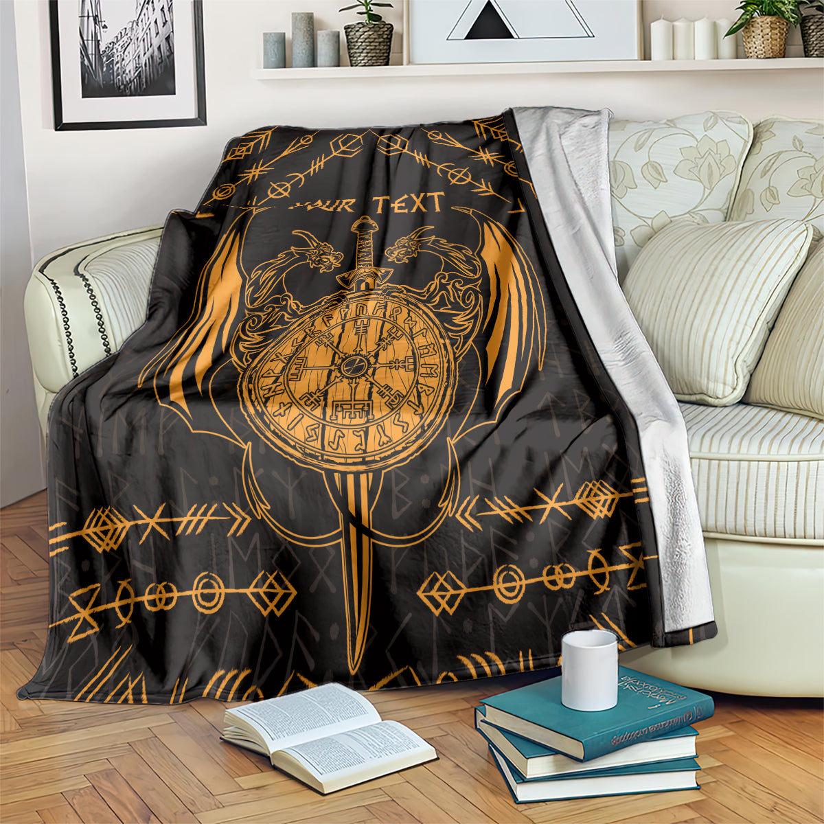 Personalized Viking Dragon Blanket with Sword Gold Scandinavian Tattoo