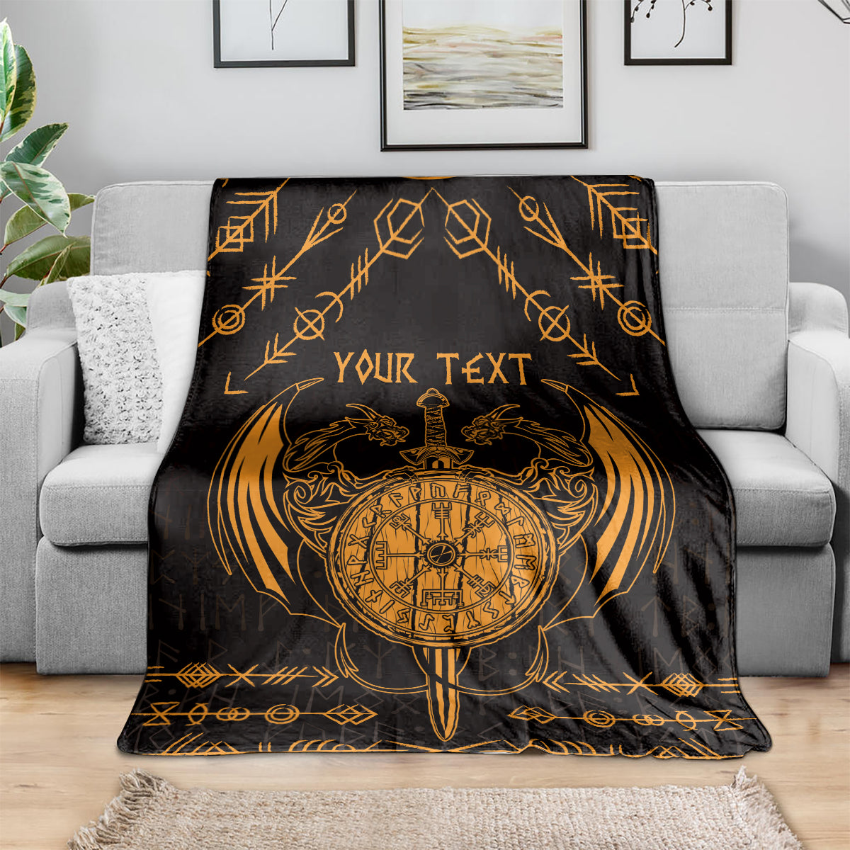 Personalized Viking Dragon Blanket with Sword Gold Scandinavian Tattoo