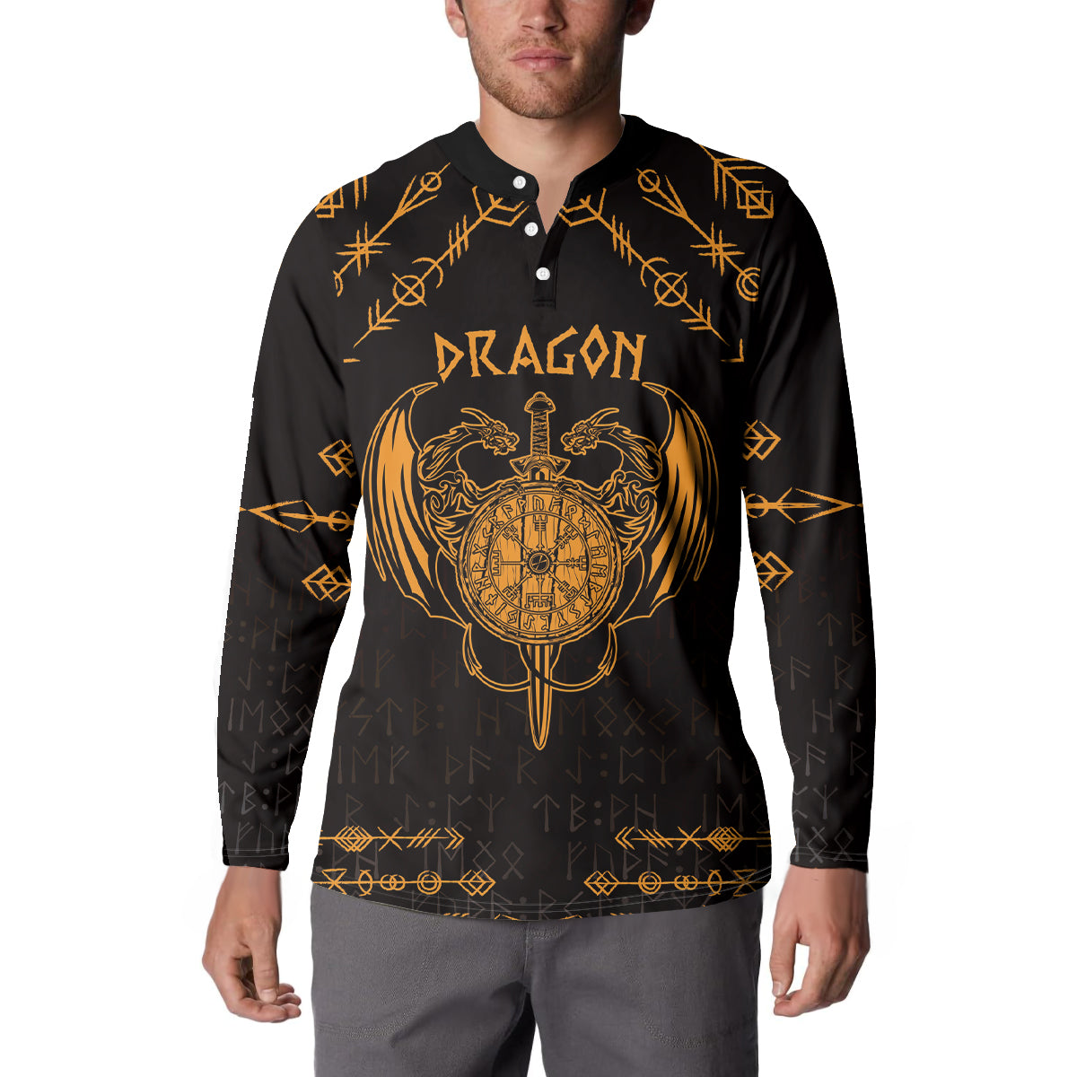 Personalized Viking Dragon Button Sweatshirt with Sword Gold Scandinavian Tattoo LT9 - Wonder Print Shop