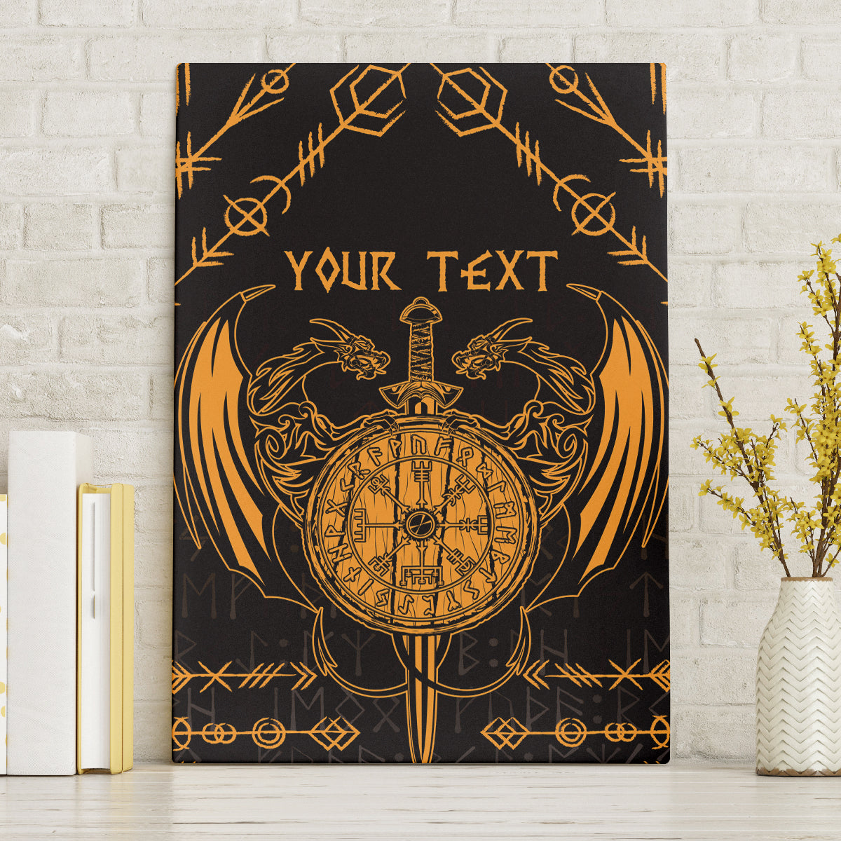 Personalized Viking Dragon Canvas Wall Art with Sword Gold Scandinavian Tattoo