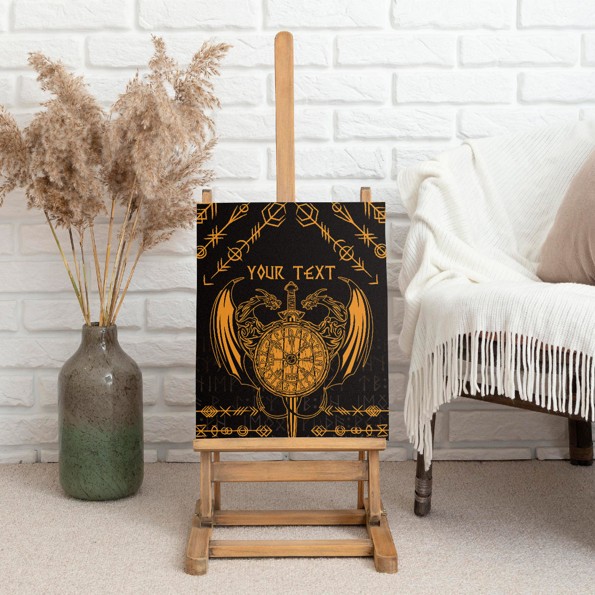 Personalized Viking Dragon Canvas Wall Art with Sword Gold Scandinavian Tattoo LT9 - Wonder Print Shop