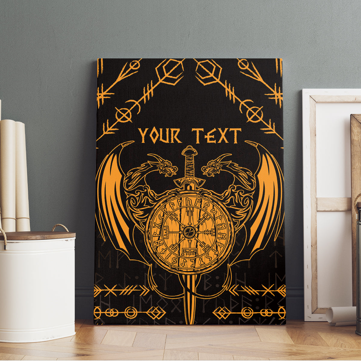 Personalized Viking Dragon Canvas Wall Art with Sword Gold Scandinavian Tattoo LT9 - Wonder Print Shop