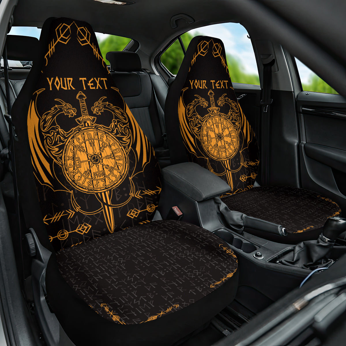 Personalized Viking Dragon Car Seat Cover with Sword Gold Scandinavian Tattoo
