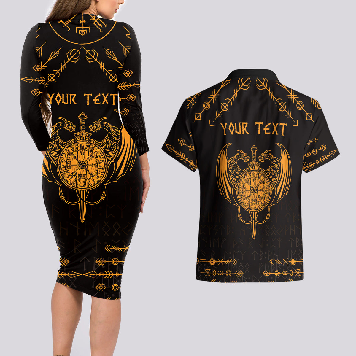 Personalized Viking Dragon Couples Matching Long Sleeve Bodycon Dress and Hawaiian Shirt with Sword Gold Scandinavian Tattoo LT9 - Wonder Print Shop