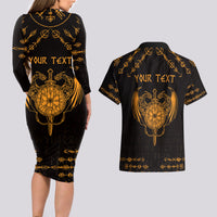 Personalized Viking Dragon Couples Matching Long Sleeve Bodycon Dress and Hawaiian Shirt with Sword Gold Scandinavian Tattoo LT9 - Wonder Print Shop