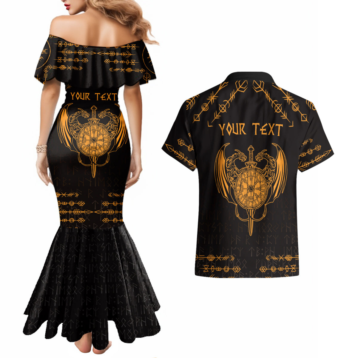 Personalized Viking Dragon Couples Matching Mermaid Dress and Hawaiian Shirt with Sword Gold Scandinavian Tattoo LT9 - Wonder Print Shop