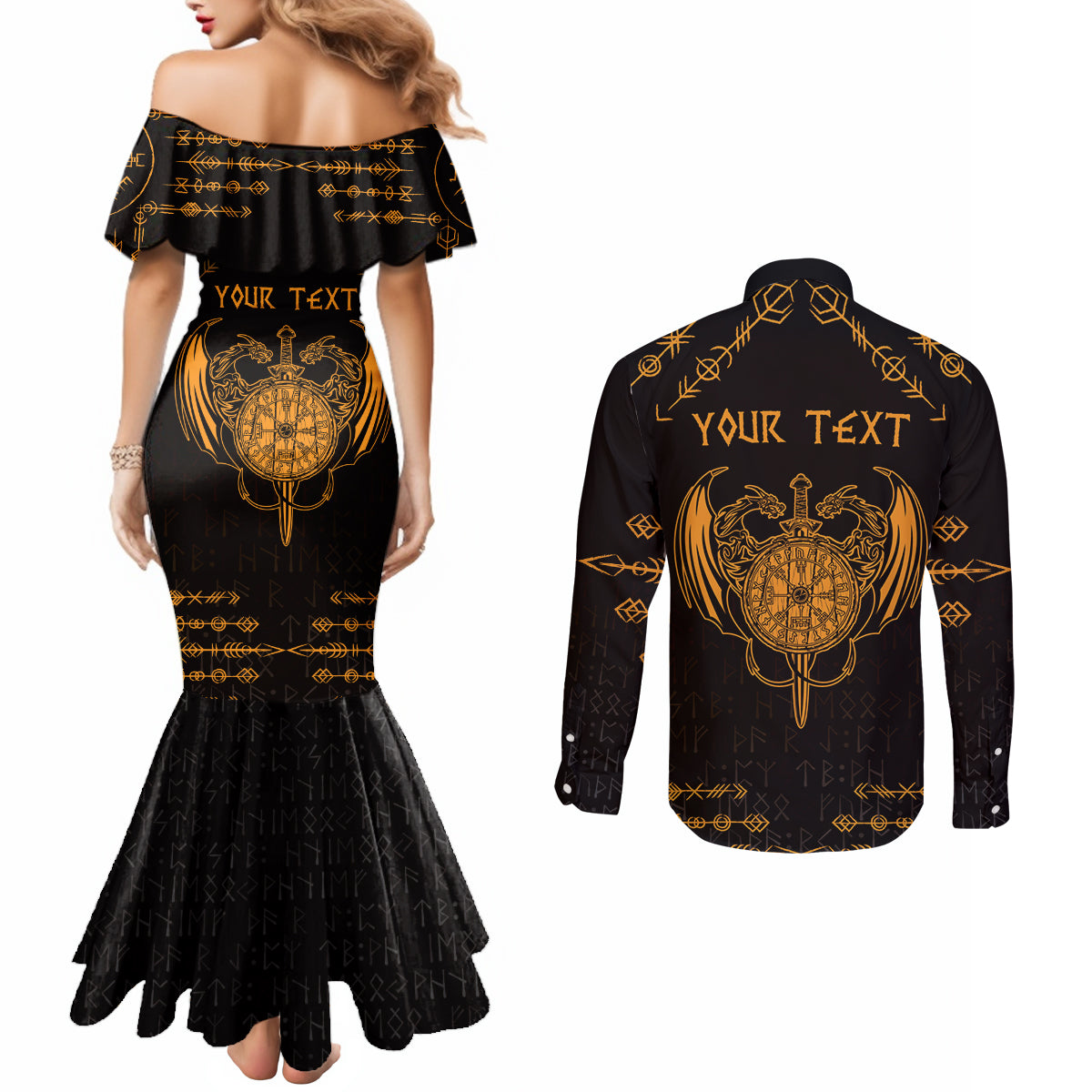 Personalized Viking Dragon Couples Matching Mermaid Dress and Long Sleeve Button Shirt with Sword Gold Scandinavian Tattoo