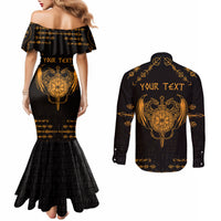 Personalized Viking Dragon Couples Matching Mermaid Dress and Long Sleeve Button Shirt with Sword Gold Scandinavian Tattoo