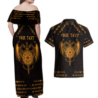 Personalized Viking Dragon Couples Matching Off Shoulder Maxi Dress and Hawaiian Shirt with Sword Gold Scandinavian Tattoo LT9 - Wonder Print Shop