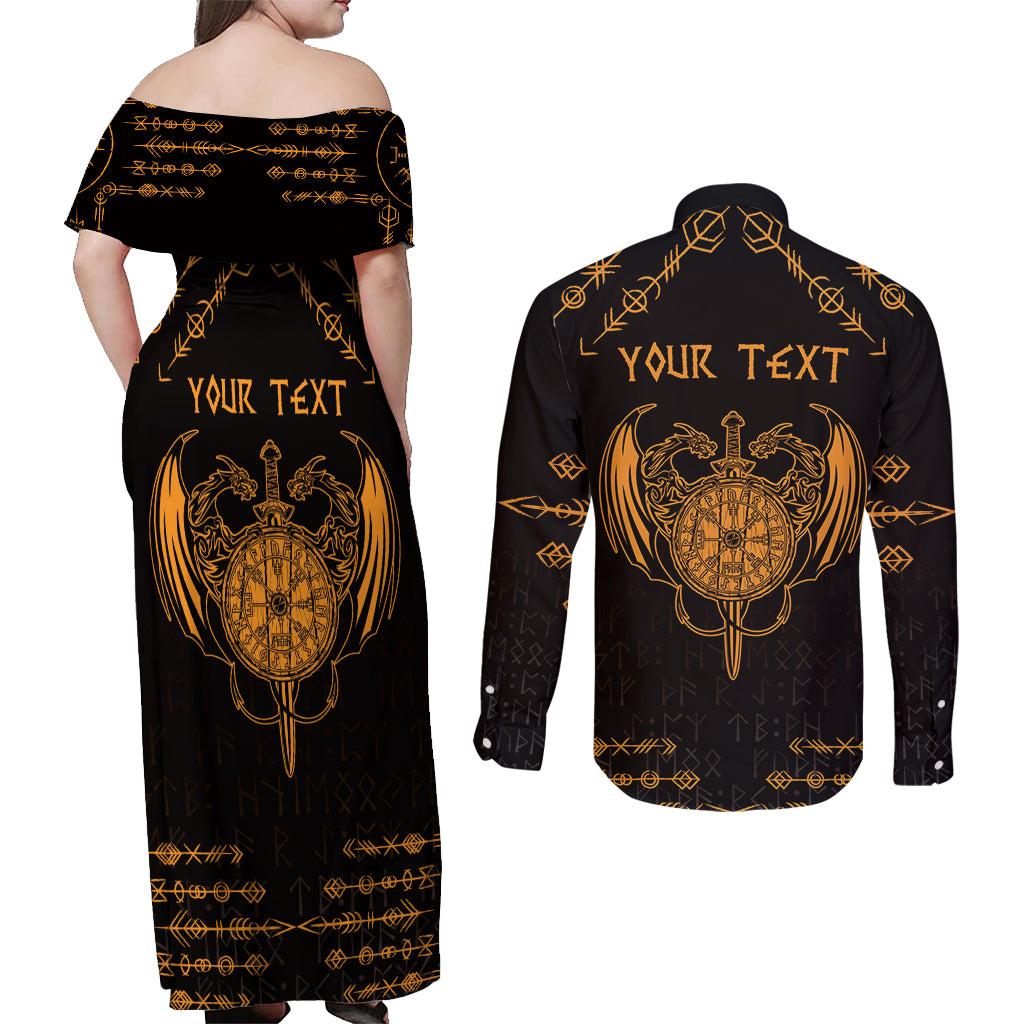 Personalized Viking Dragon Couples Matching Off Shoulder Maxi Dress and Long Sleeve Button Shirt with Sword Gold Scandinavian Tattoo LT9 - Wonder Print Shop
