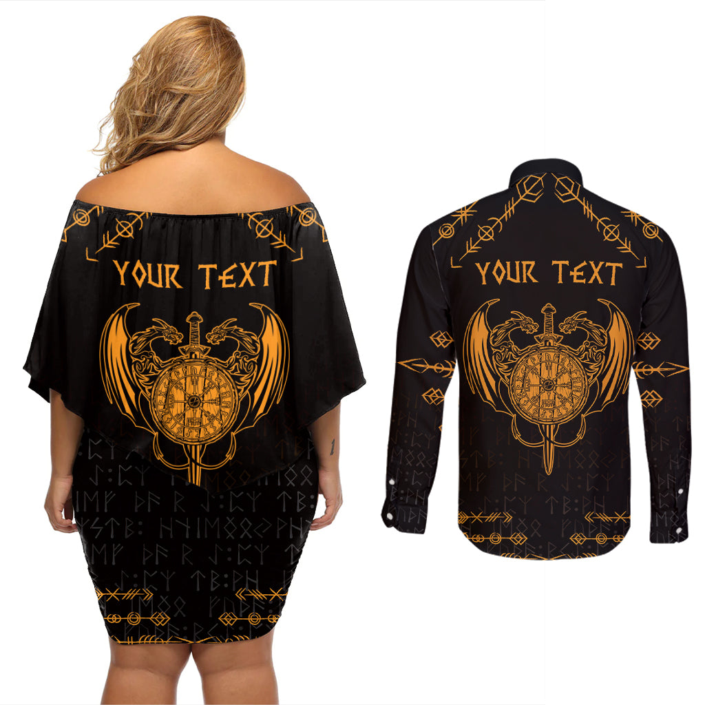 Personalized Viking Dragon Couples Matching Off Shoulder Short Dress and Long Sleeve Button Shirt with Sword Gold Scandinavian Tattoo LT9 - Wonder Print Shop