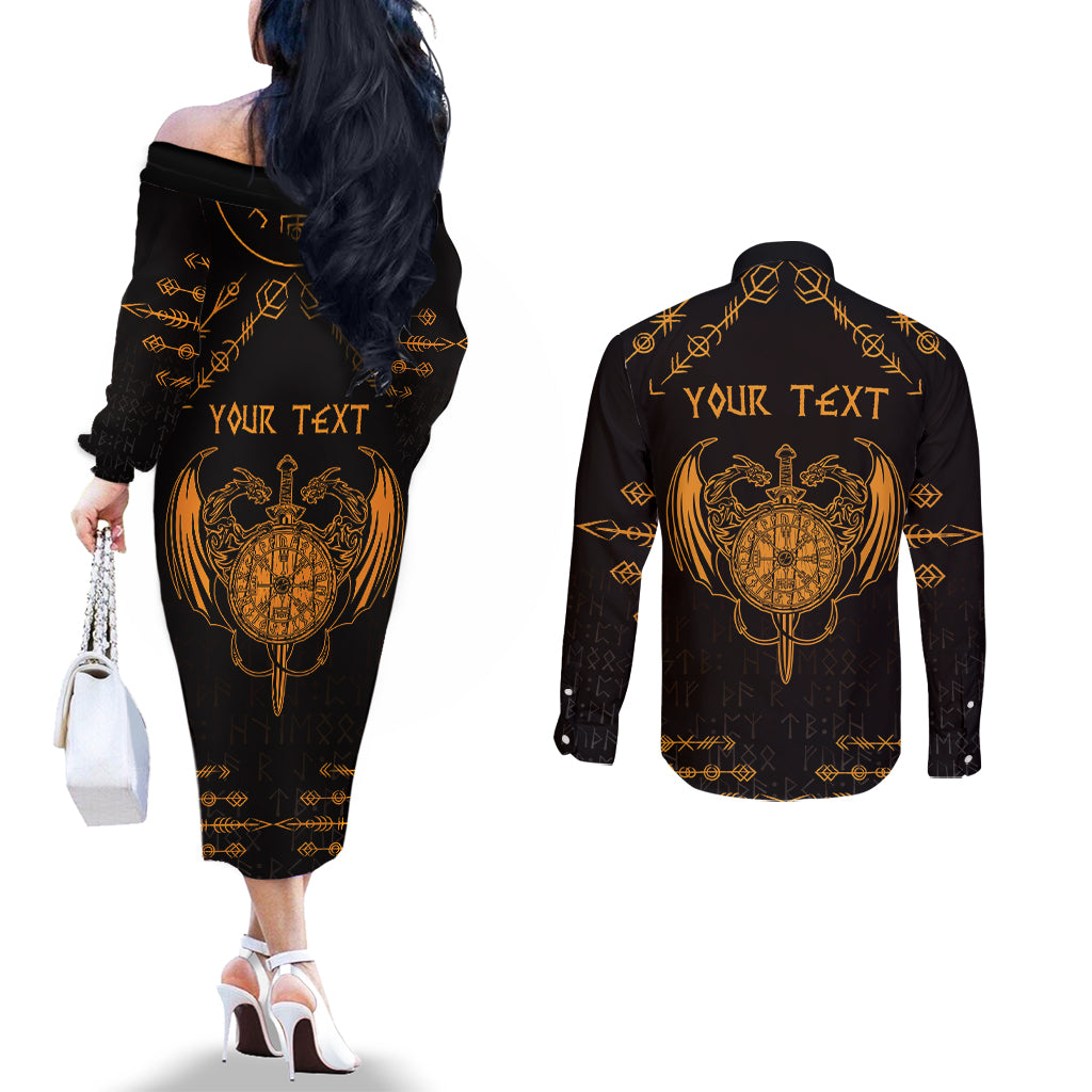 Personalized Viking Dragon Couples Matching Off The Shoulder Long Sleeve Dress and Long Sleeve Button Shirt with Sword Gold Scandinavian Tattoo